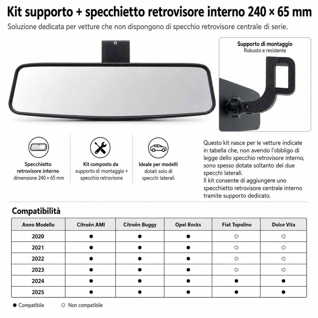 Rétroviseur intérieur pour Citroën Ami, Fiat Topolino et Opel Rocks-e – Kit complet avec support 3D et vis de fixation – Stabilité maximale antivibration – Large visibilité
