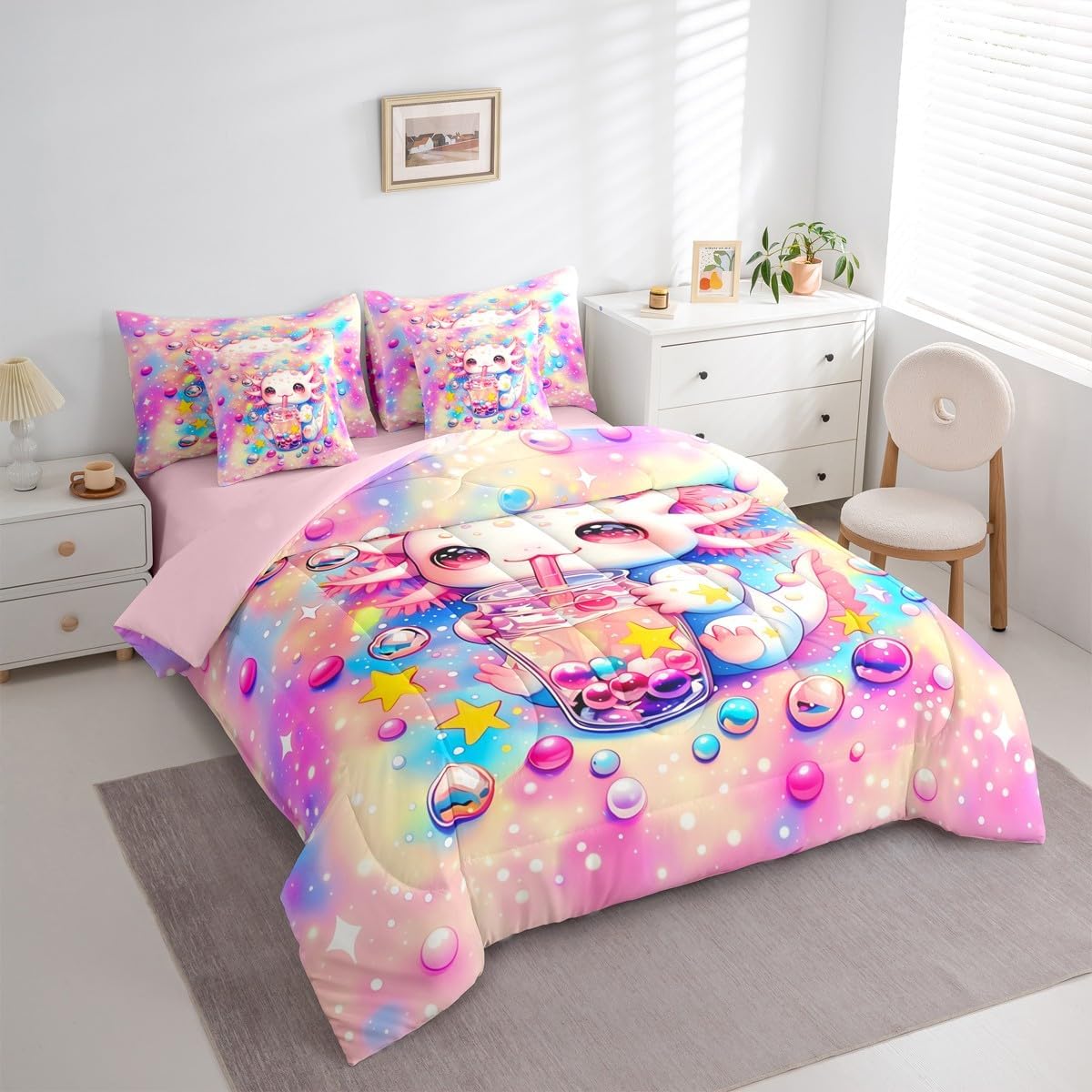 Erosebridal 7 Piece Kawaii Axolotl Bedding Set Kids Girls Pastel Rainbow Ombre Full Comforter Set with Sheets Kawaii Room Decor Cute Cartoon Axolotl Bed in A Bag Ocean Animal Bed Set