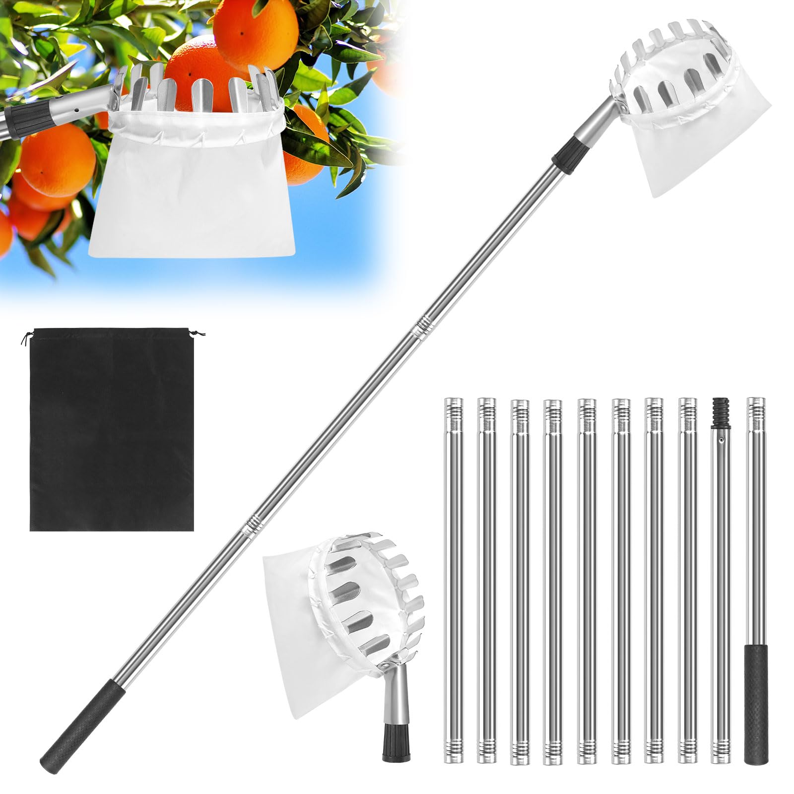 GOSHIES Recogedor de frutas de 4 m con mango telescópico, recogedor de manzanas con bolsa de algodón, recogedor de frutas para cerezas, fácil de montar para árboles frutales