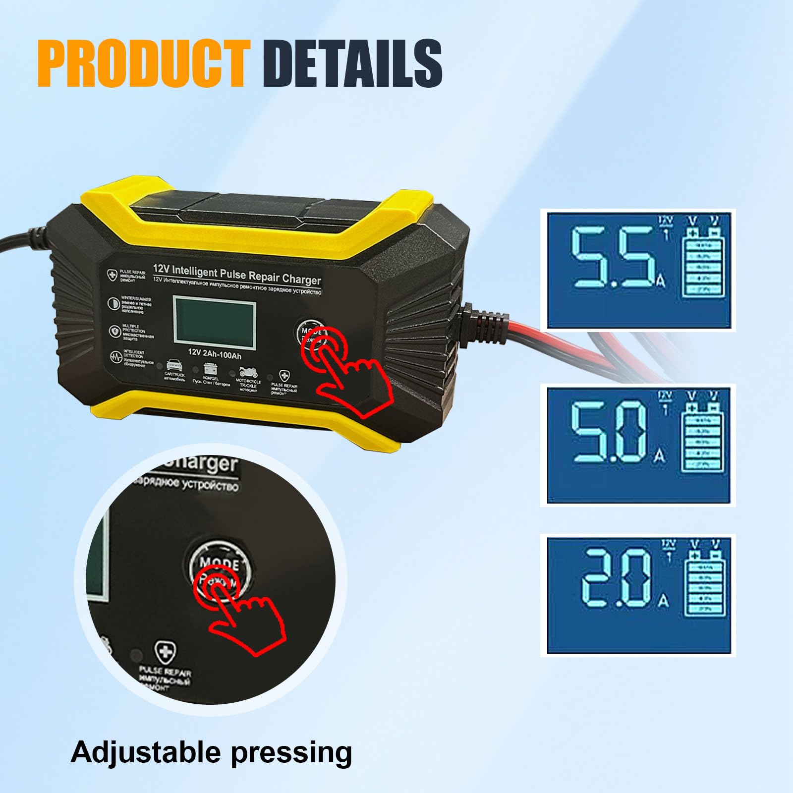 Chargeur de batterie de voiture 12 V 6 A, chargeur intelligent et mainteneur avec écran LCD et compensation de température, chargeurs portables universels pour voiture, camion, SUV, ATV