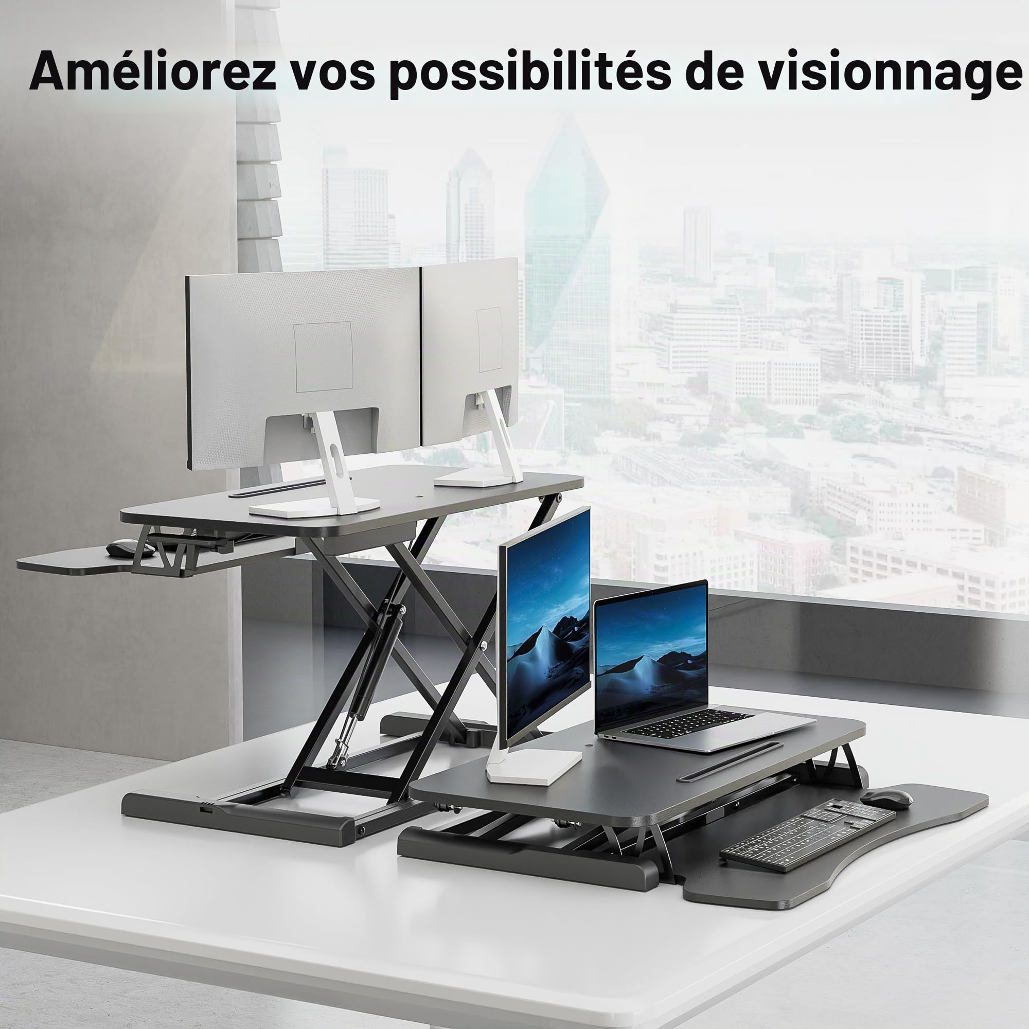 BONTEC Bureau Assis-Debout Réglable en Hauteur, Convertisseur de Bureau Standing Desk avec Plateau Clavier Amovible, Plateforme 80x40cm, Capacité 15kg, Bureau Travail Debout, Rehausseur Bureau