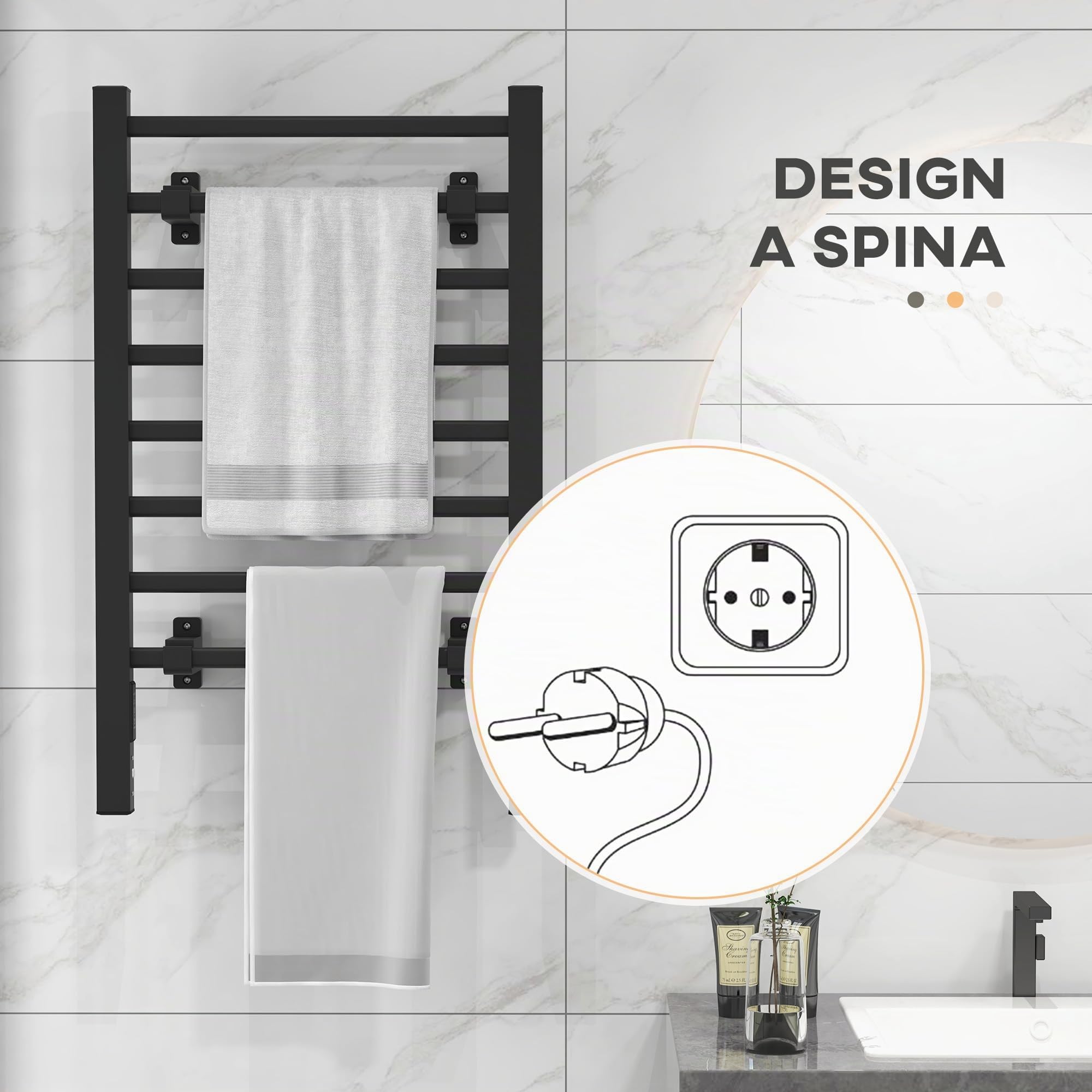 HOMCOM Calorifero Scaldasalviette da Terra o Parete 150W 53x35x90cm Nero | Porta Asciugamani Riscaldato Elettrico per Bagno, Lega di Alluminio, 8 Barre, Timer da 2 o 4 Ore, Resistente all'Acqua