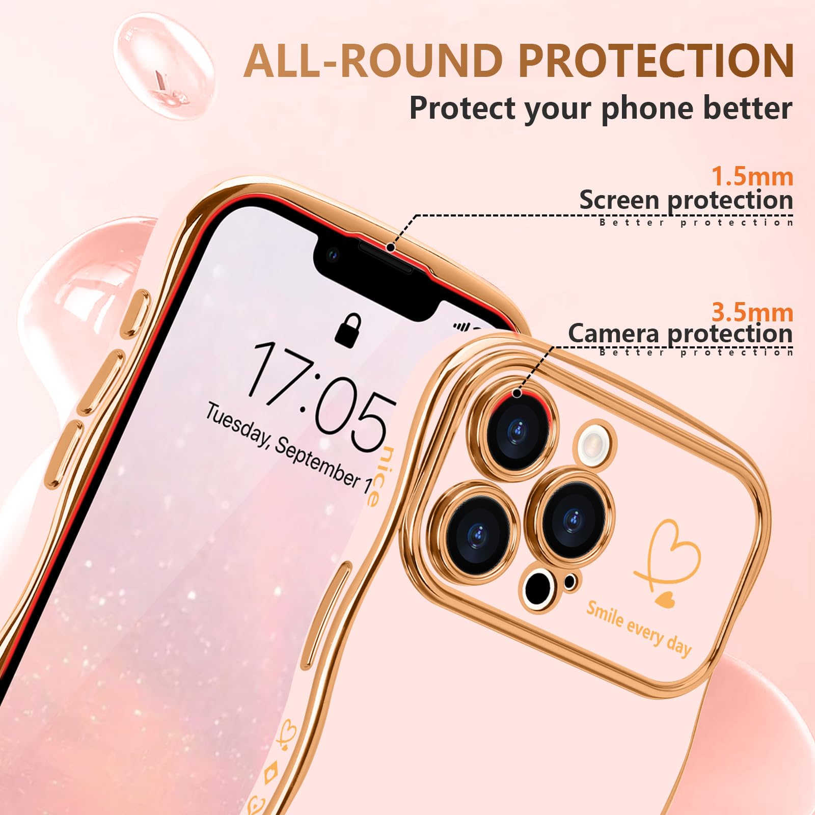 LCHULLE for iPhone 13 Pro Max Case for Women Girls,Cute Curly Wave Frame Shape Love Heart Pattern Phone Case,Raised Camera Protection Plating Shockproof Cover for iPhone 13 Pro Max 6.7",Nude Pink - Image 4
