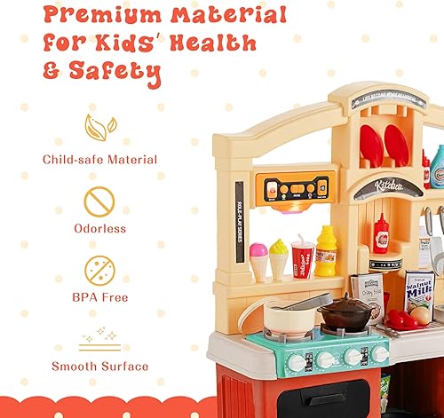 Miniatura 5 de HONEY JOY Juego de cocina para niños, cocina grande de plástico con luces y sonidos realistas, música, función de agua corriente y vapor, 69