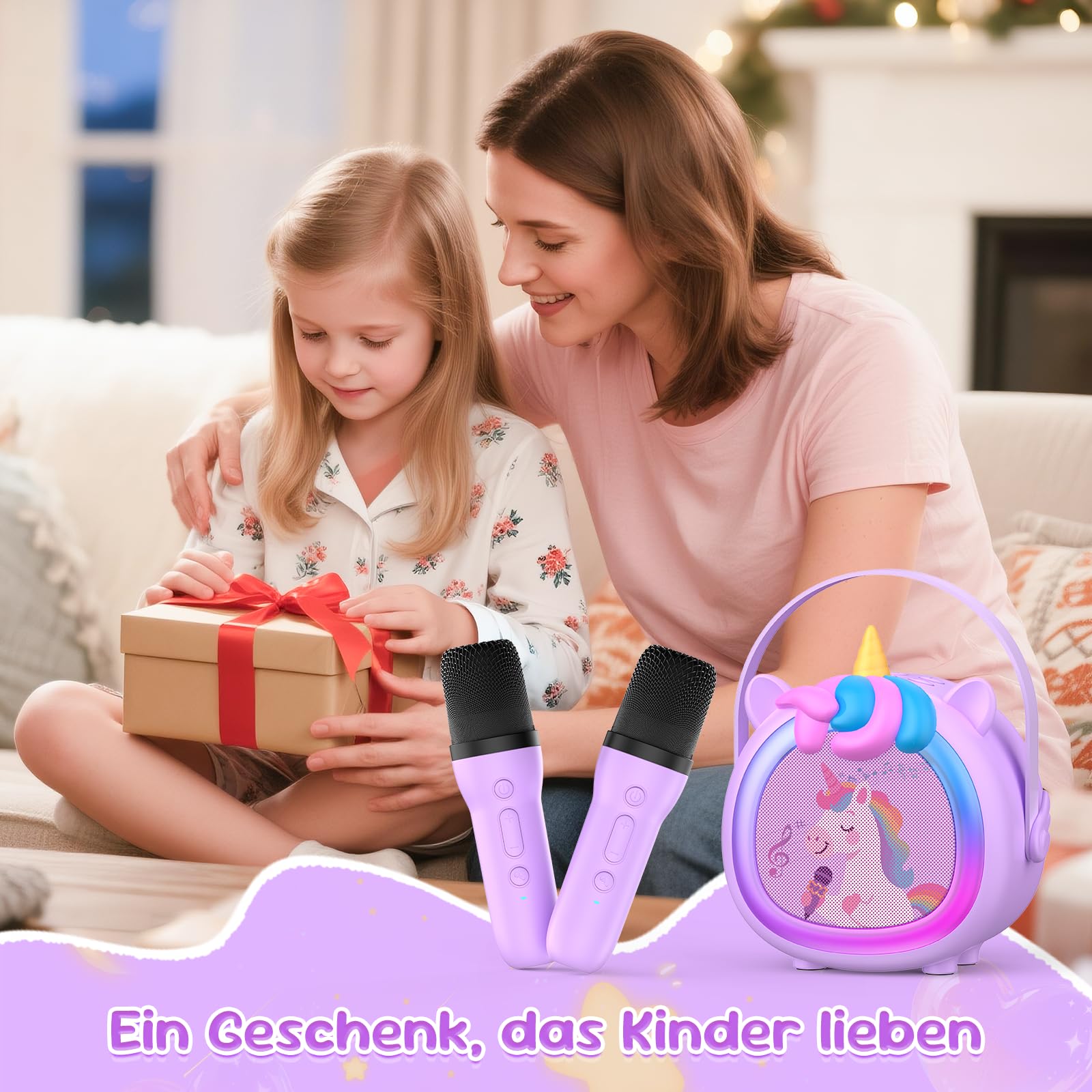 Fippesax Kinder Karaoke Maschine mit 2 kabellosen Bluetooth Mikrofonen, Kompaktes Einhorn Musikspielzeug mit Stimmeffekten & LED Lichtern, Geschenk für Mädchen ab 6 Jahren (Lila)