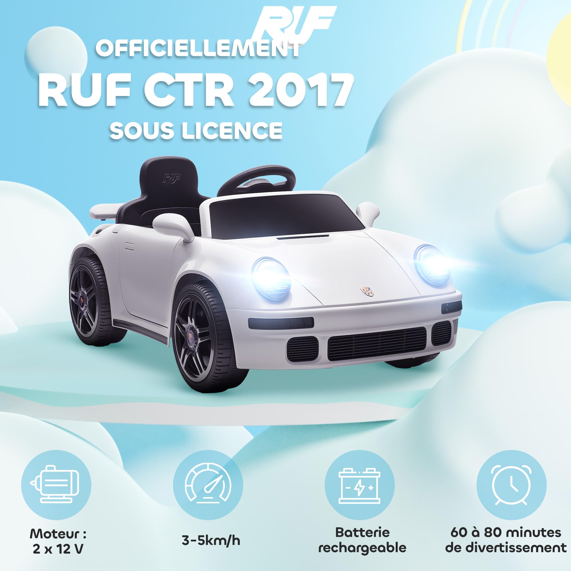 AIYAPLAY Voiture Électrique Enfants sous Licence RUF CTR 2017 12V Blanc | Véhicule Électrique, Télécommande 2,4G, Phares, Musique, Klaxon, Démarrage Lent, pour 3 à 6 Ans