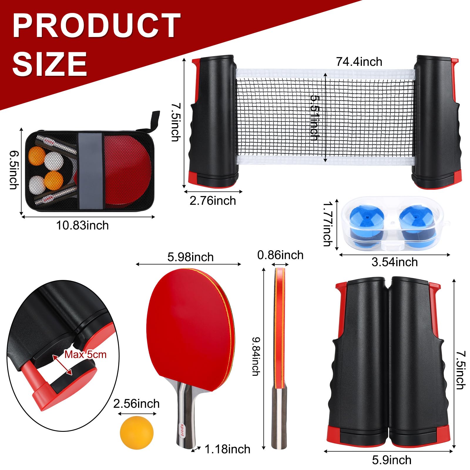 Set de Ping Pong, 2 Raquetas, 4 Pelotas, Red Plegable, Bolsa de Transporte