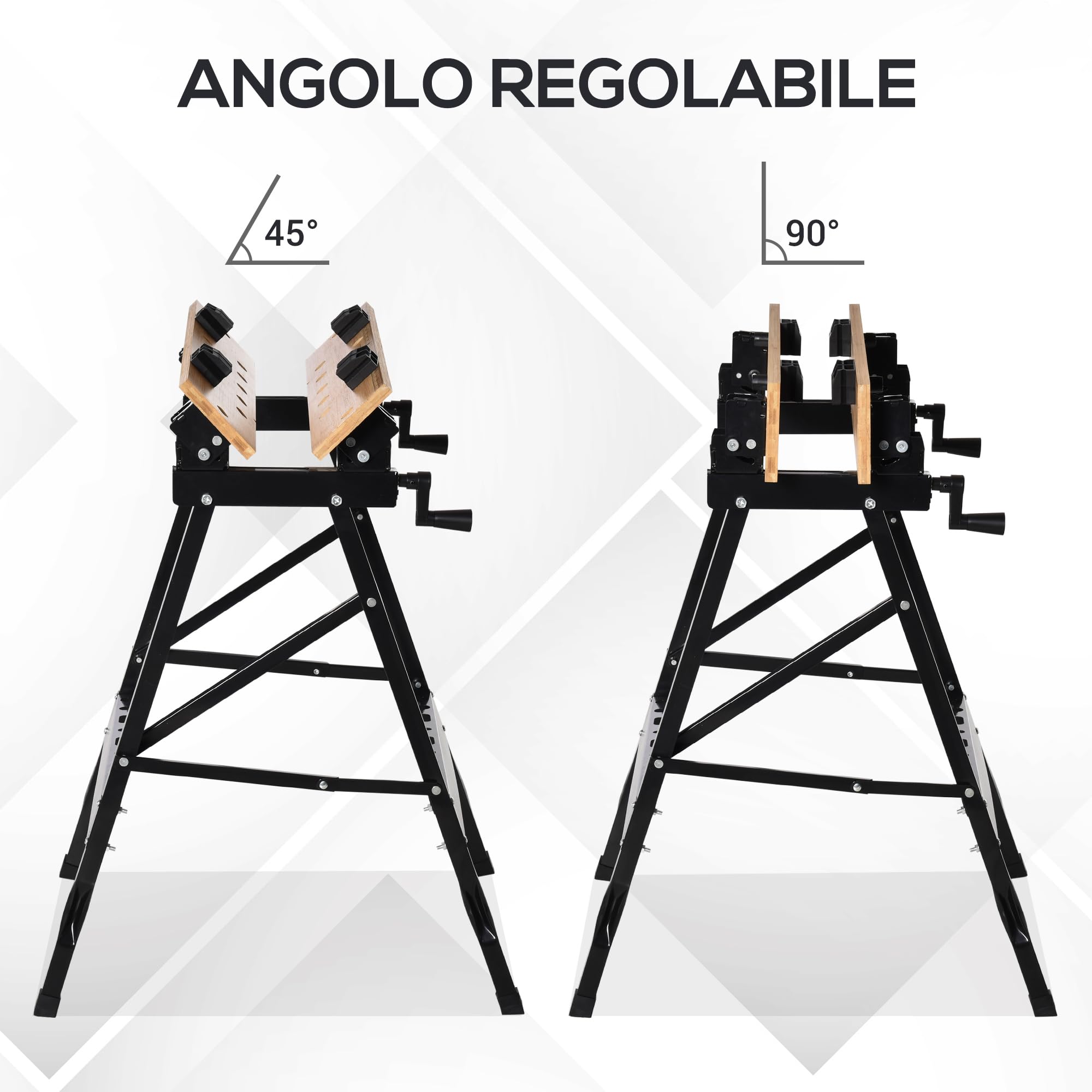 HOMCOM Banco da Lavoro Pieghevole 4 Morse Portata 150 kg Nero e Legno | Riga e Goniometro, Tavolo da Lavoro Regolabile e Portatile, per Casa e Fai da Te