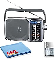Vista 1 de RF2400D Radio AM/FM portátil plateada + 4 pilas AA con cargador + paño de limpieza de microfibra