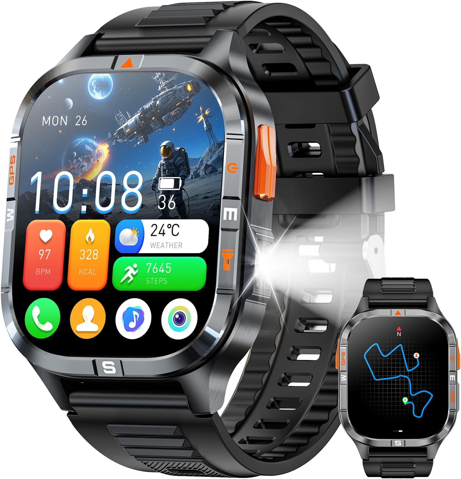 Military GPS Smart Watch for Men with Compass/Flashlight, 2.01" HD Screen smart watch with Voice Assistant/Bluetooth Calling, Smartwatch for Android&iOS, Activity Tracker Multiple Sport Modes (Black)
