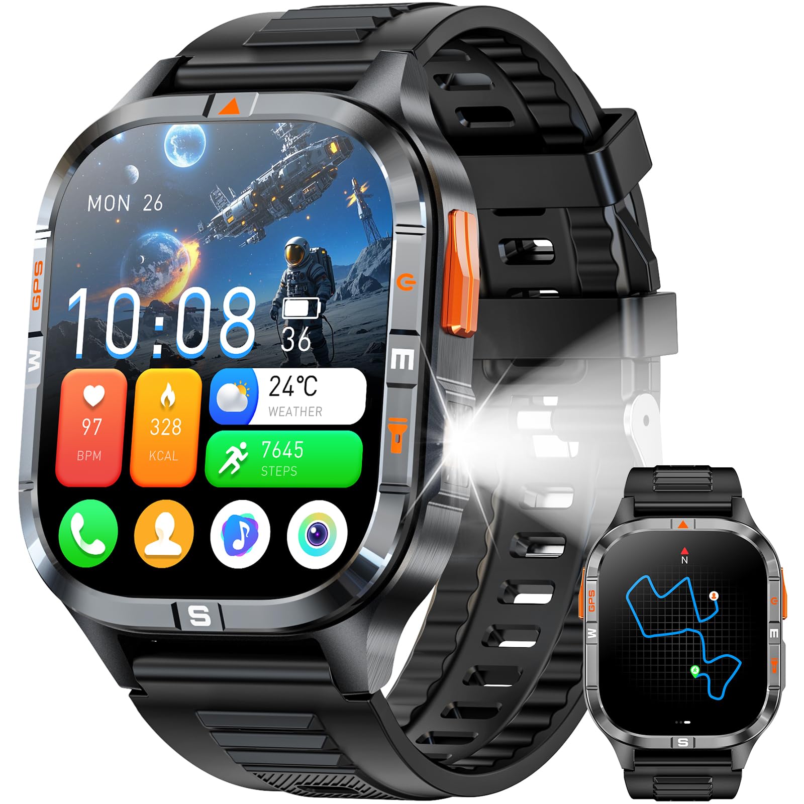 Military GPS Smart Watch for Men with Compass Altitude Flashlight 2 01 HD Screen smart watch with Voice