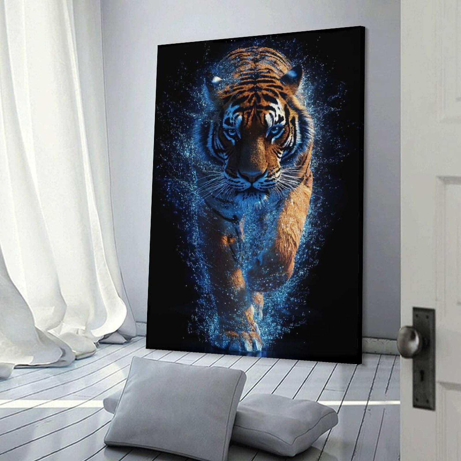 Junmoney Frame-Style-15 Tiger With Blue Sparkle Effect Canvas Wall Decor 20X30inch(50X75cm), For Study, Office Or Focused Interiors, Wall Art That Adds Style To Work Areas