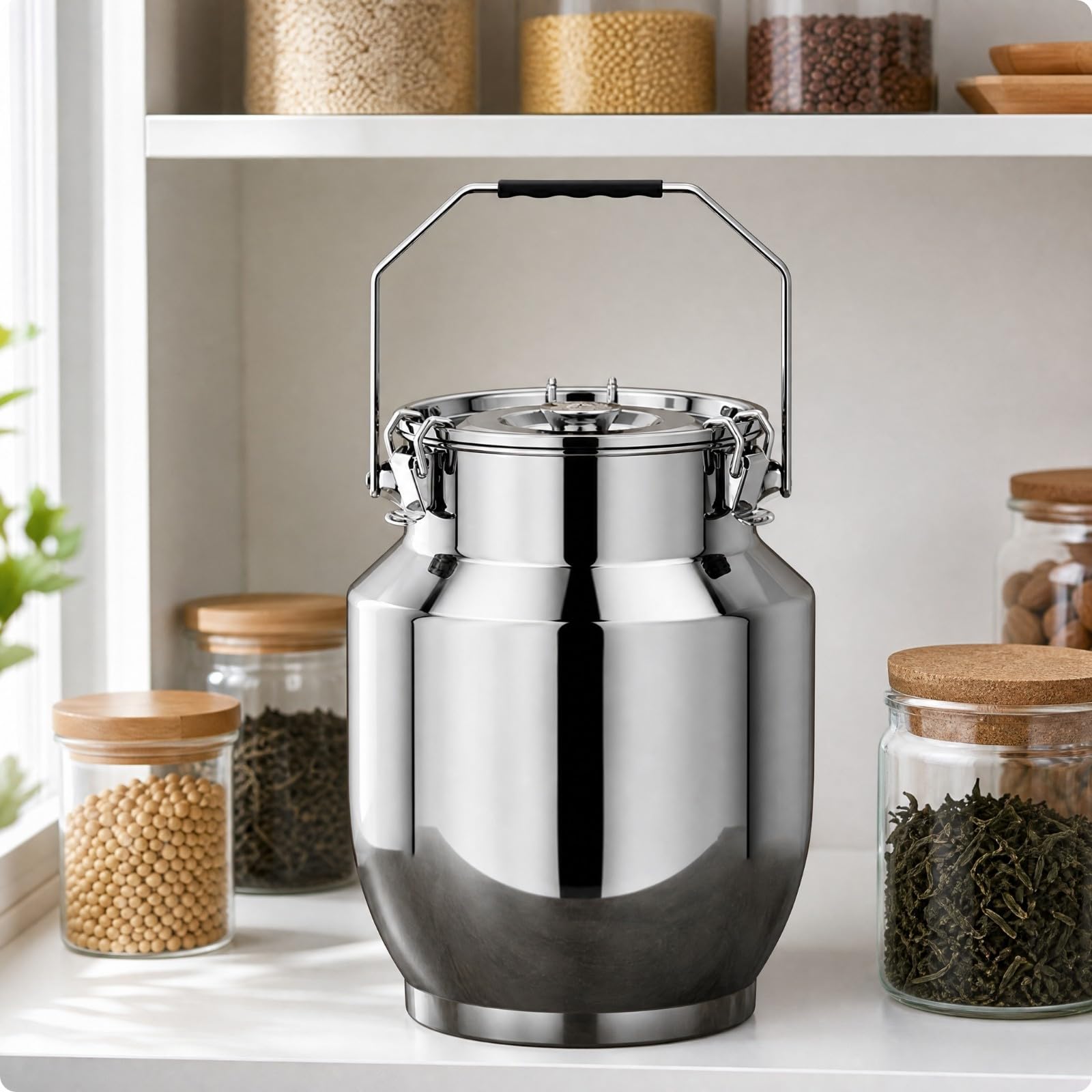 Barattolo Ermetico in Acciaio Inox 201 Lucidato Contenitore con Coperchio a Chiusura a Morsetto Antiruggine Barattolo Tè con Maniglia, 10L