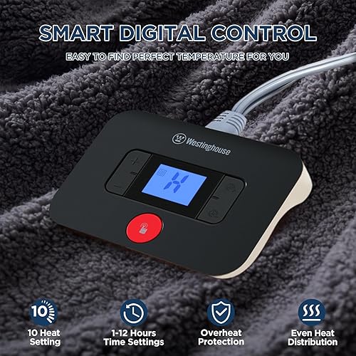 Miniatura 2 de Westinghouse Manta eléctrica tamaño matrimonial, manta térmica de felpa suave Sherpa con 10 niveles de calefacción y 1-12 horas de apagado