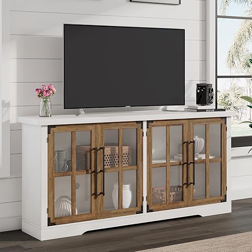 LUXOAK 63" Farmhouse TV Stand with 4 Glass Doors, Modern