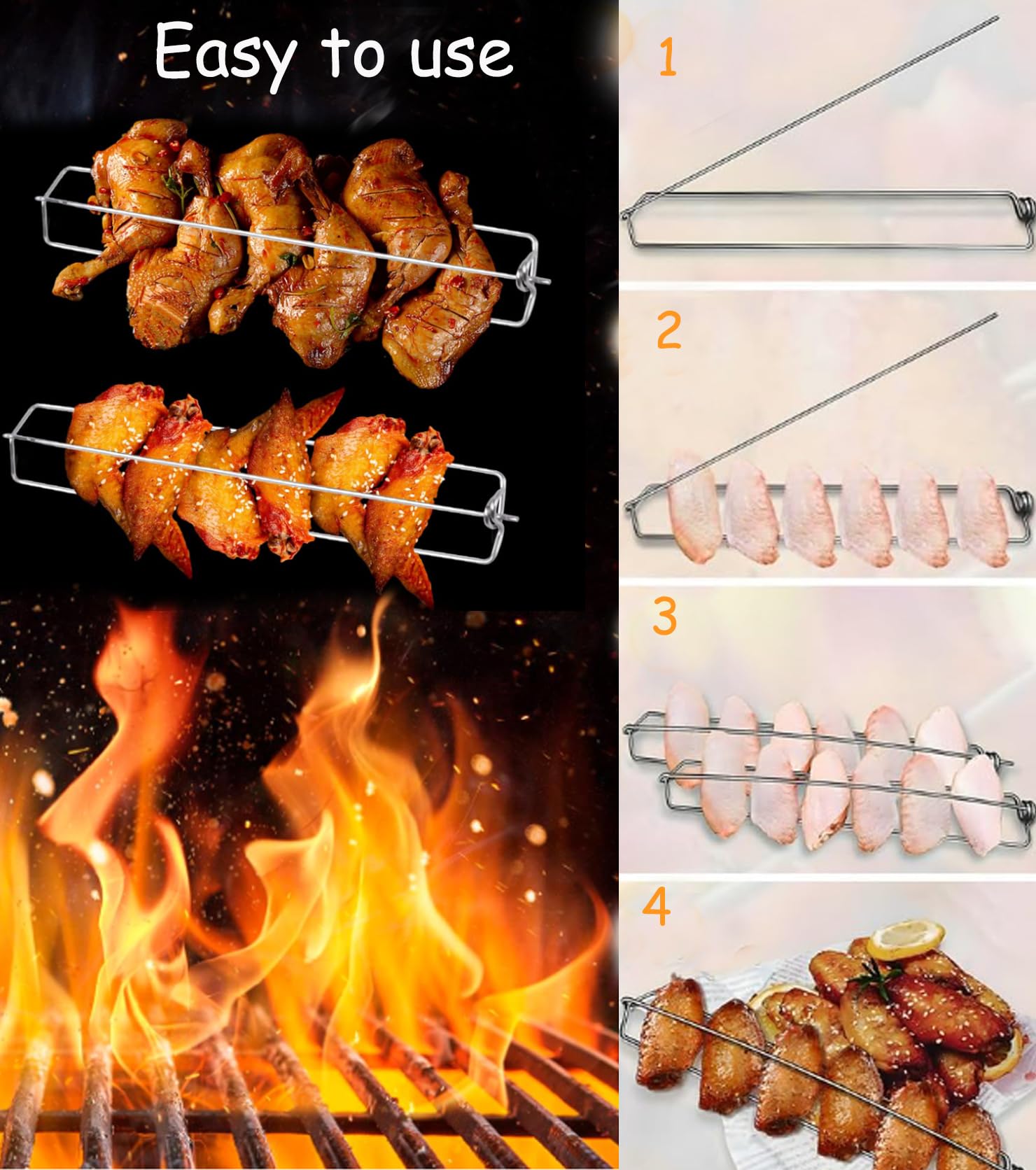 Szaszłyki do grillowania, szaszłyki do mięsa, akcesoria do grilla, szyny skrzydeł kurczaka do grilla, akcesoria do grilla, szyny skrzydełkowe BBQ, zestaw narzędzi do grilla, 4 sztuki
