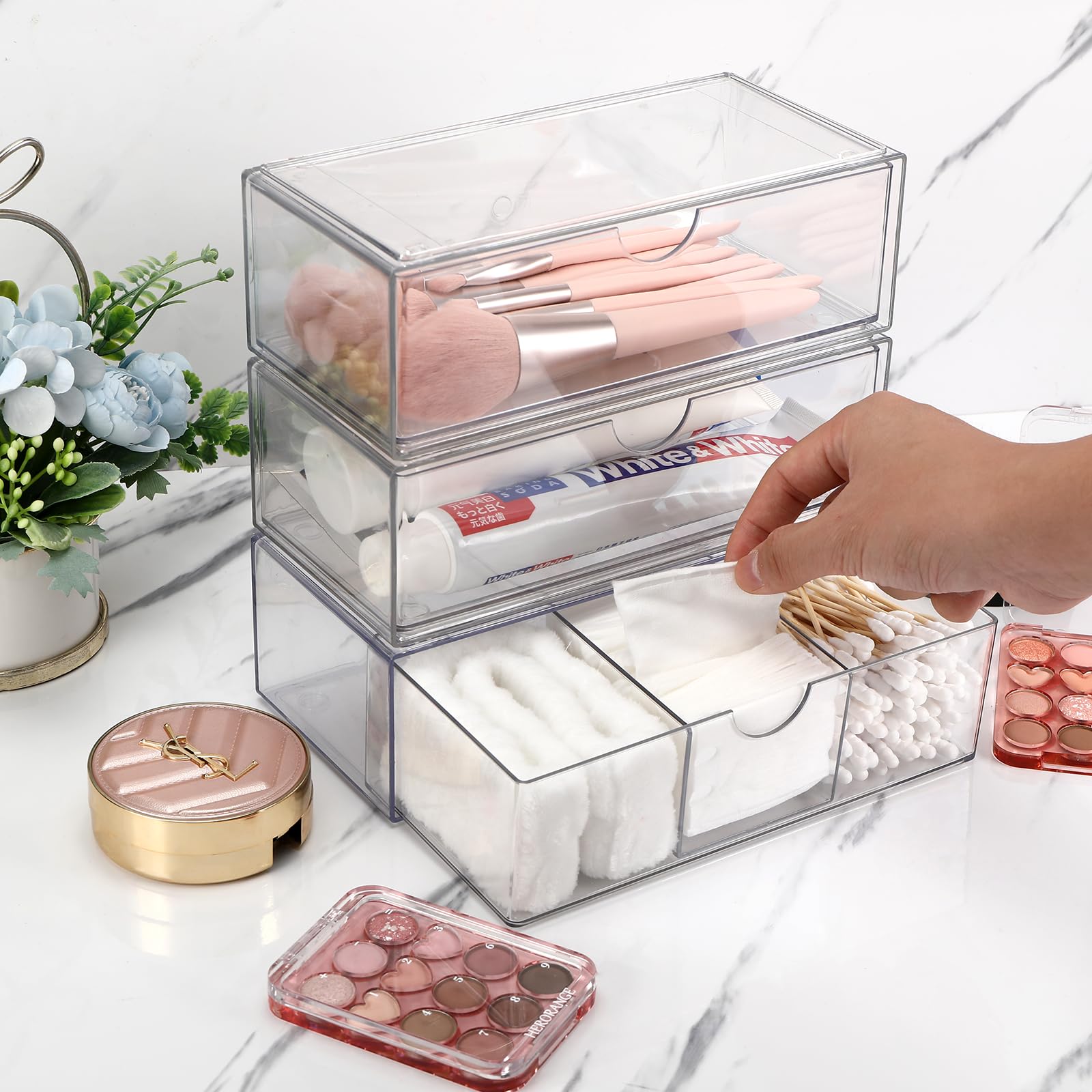 Pavlleen 3 Pezzi Trucchi Trasparente In Acrilico,Porta Trucchi Organizer da Bagno, impilabile,per Tavolozza,Pennello,Fondotinta, Rossetto,Forcine