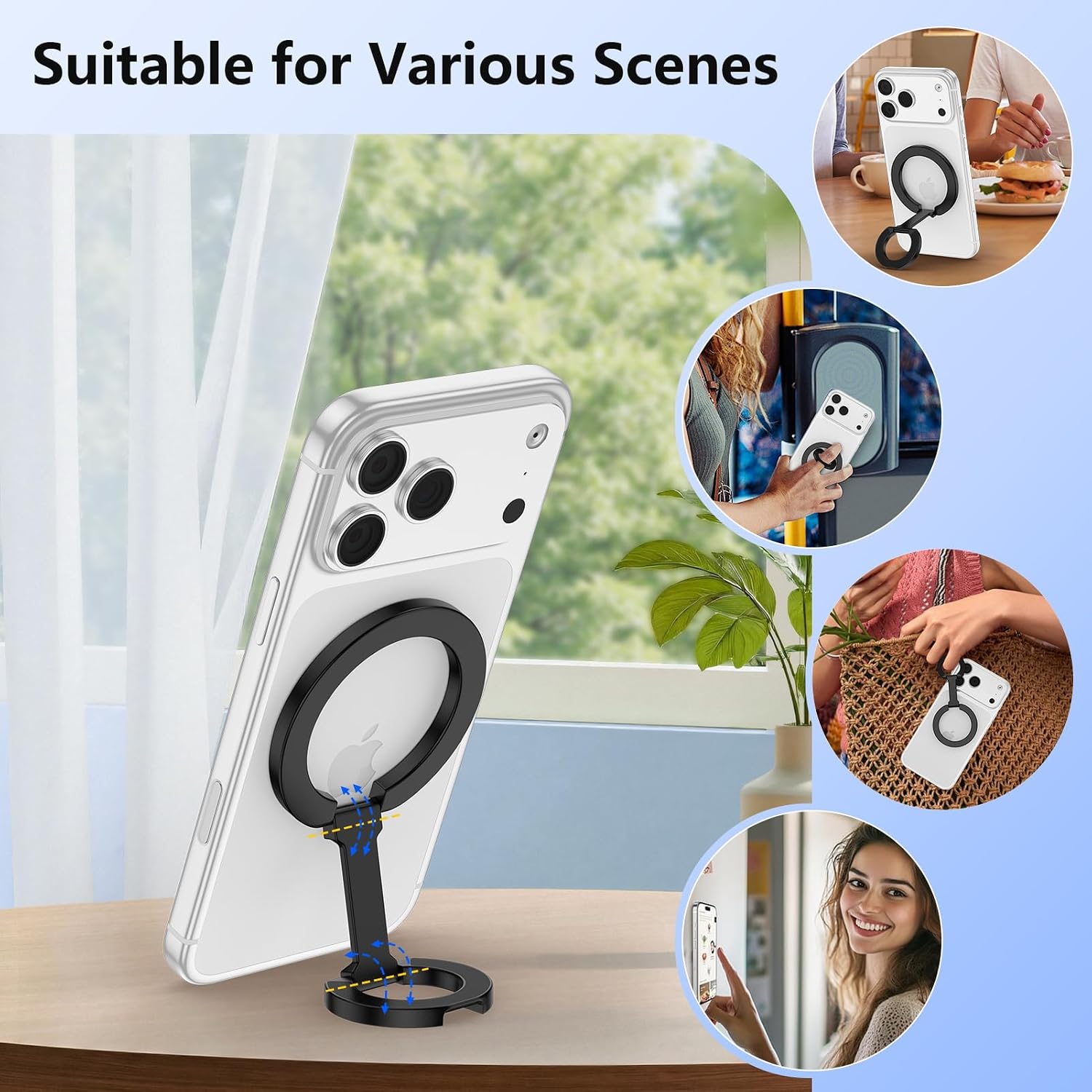 Magnetic Phone Grip Magsafe Phone Ring Holder for iPhone 17 Pro Max/17/Air/16e/16/15/14/13/12 Dual-Sided Magnet Mag Safe Phone Ring Stand Magsafe Kickstand for Samsung,Android,Magnetic Car Mount
