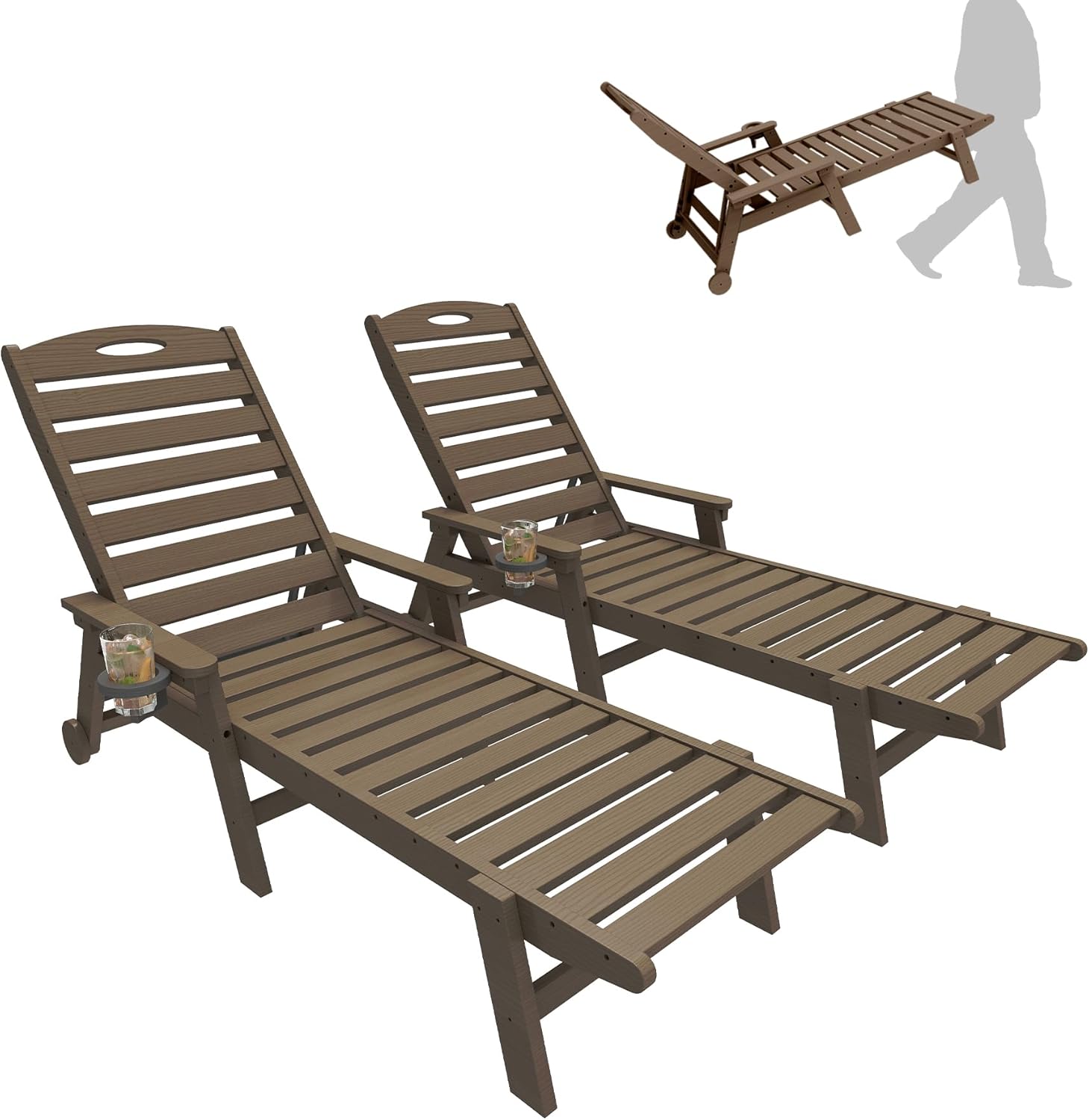 Outdoor Lounge Chairs Set of 2, 78'' Long Patio Lounge Chair HDPE 5-Position Adjustable with Cup Holder & Rolling Wheels, Pool Lounge Chair for Sunbathing Tanning, Deck, Poolside -Brown