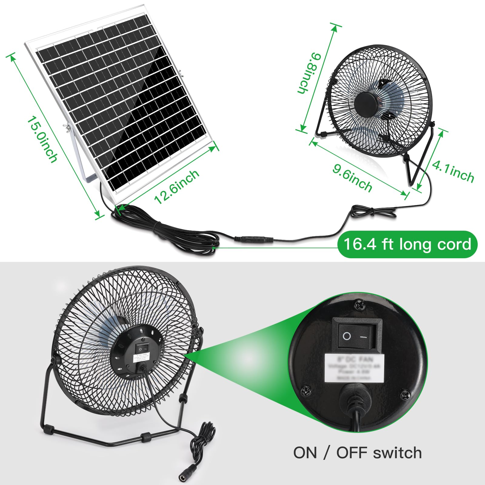 blessny Ventilador solar de 8 pulgadas para invernadero al aire libre, gallinero, casa de mascotas, refrigeración de circulación de aire de cobertizo, funciona con energía solar de 20 W con cable de