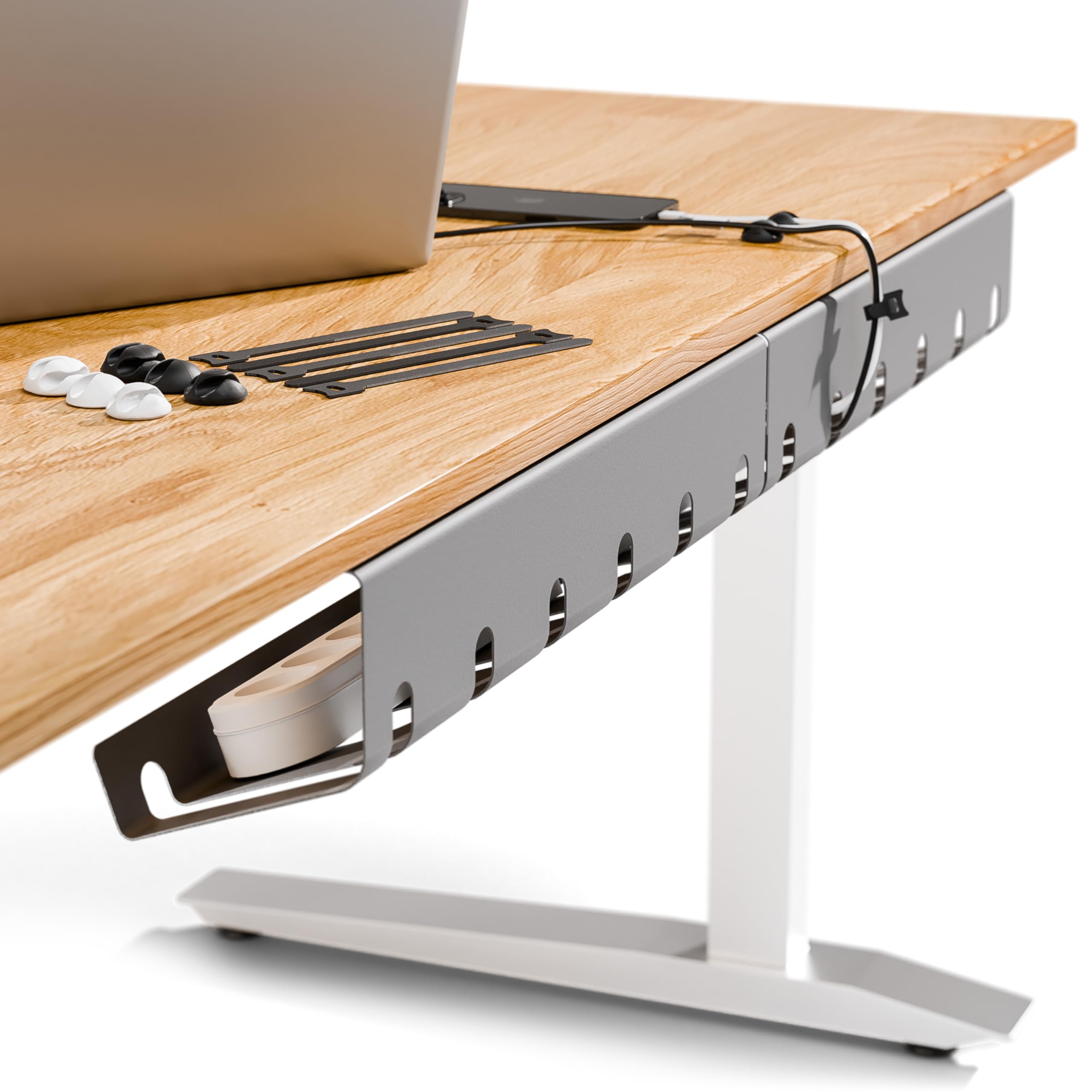 PAMO Cable Management Under Desk for Easy mounting Under-Table I Set of 3 - with 10X Cable Ties I Desk Organizer for Office/Home Office Table Thoughtful Cable Tray Holder