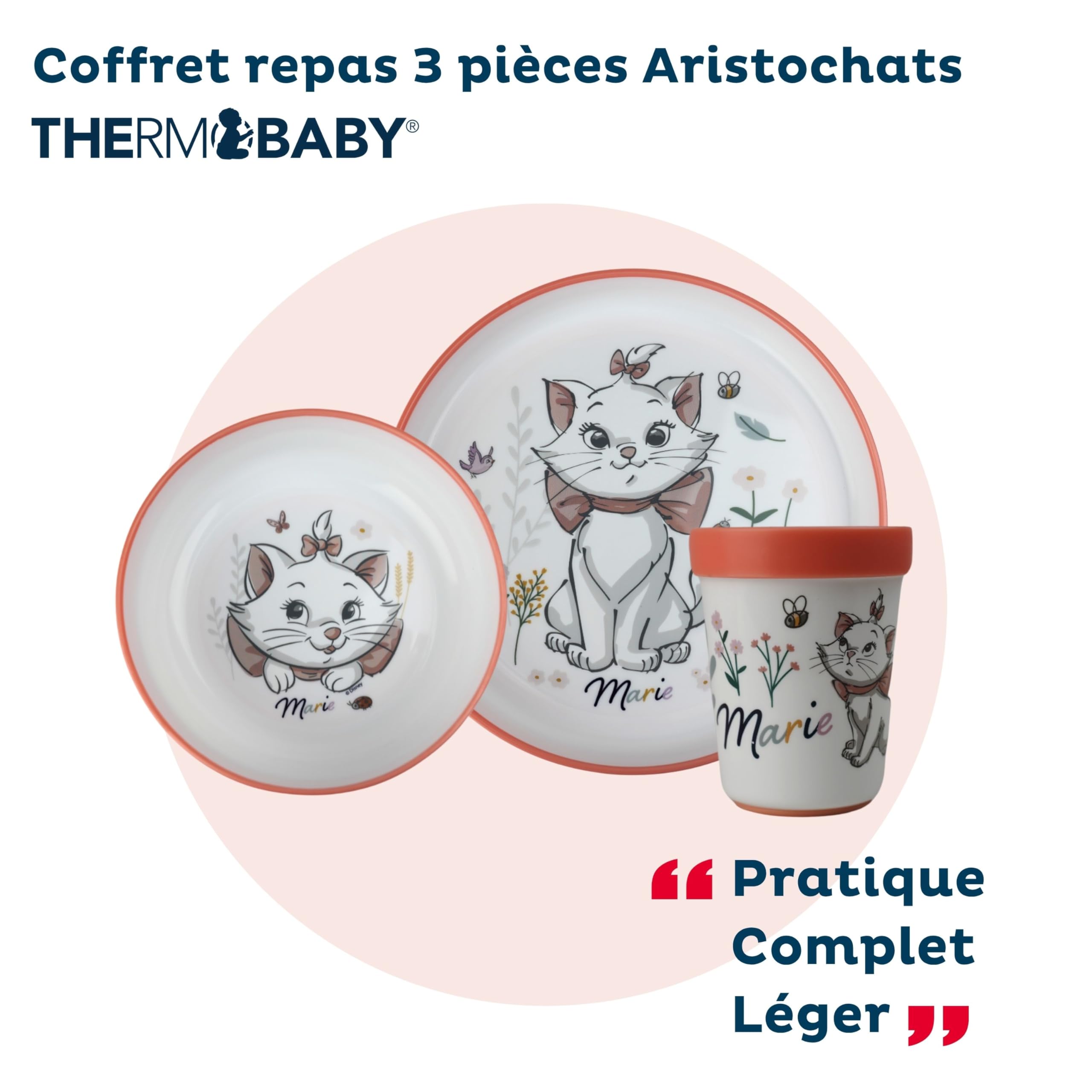 Disney Baby Aristochats Marie Coffret Repas 3 Pièces Bol Assiette Gobelet Anti-Dérapants Blanc