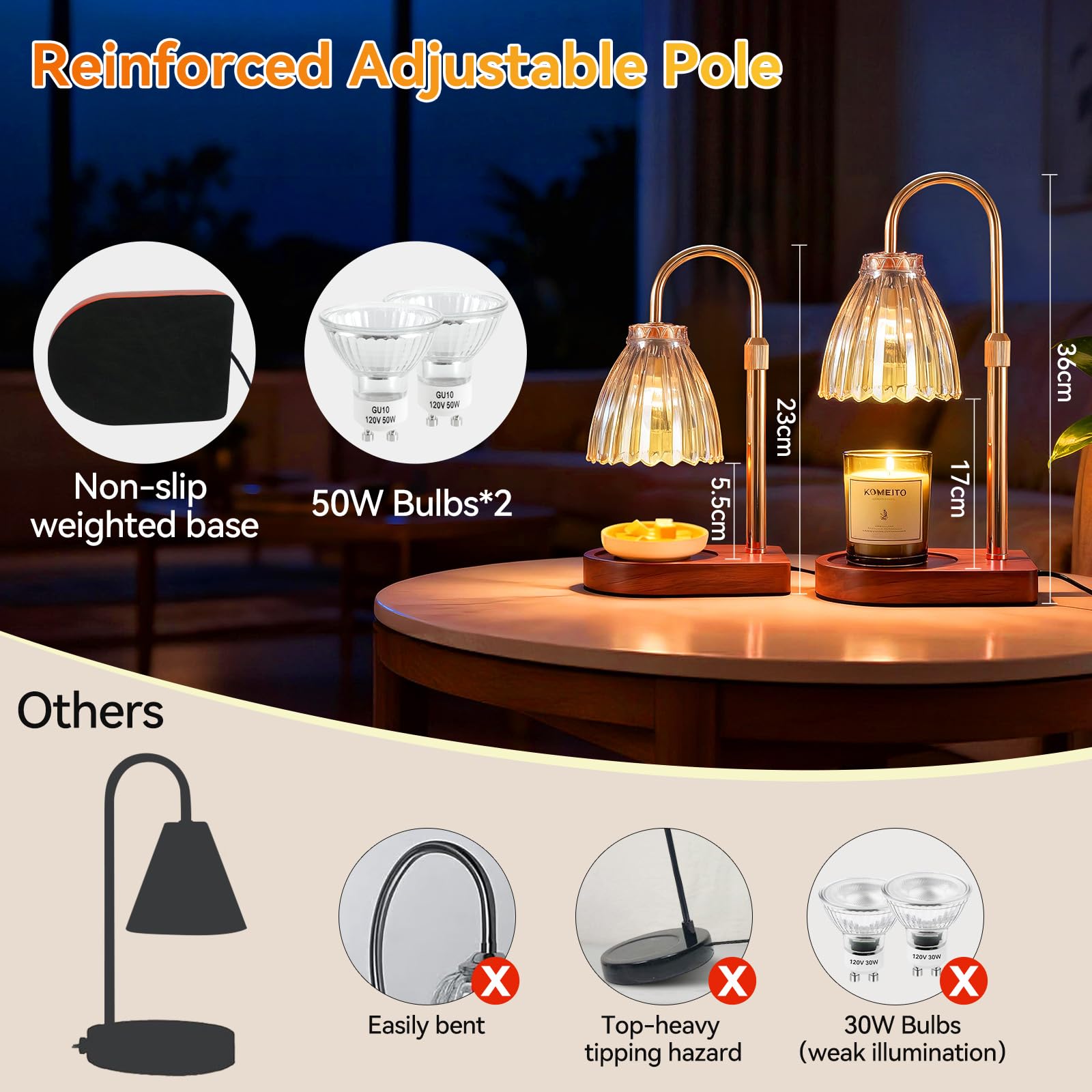 Adewalk Lámpara Calienta Velas con Temporizador y Regulador, Altura Ajustable 50W*2 Bombillas, Candle Warmer Lamp sin Llama para Velas en Tarro, Decoración y Regalos Navidad Cumpleaños，Marrón