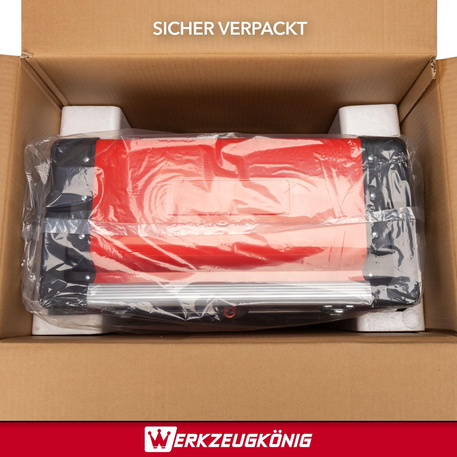Werkzeugtrolley 4 Teile Stahlblech Rot pulverbeschichtet - 1 Werkzeugkoffer, 2 schmale Schubladen, 1 hohe Schublade, 1 großes Klappfach - gratis Kleinteilekoffer