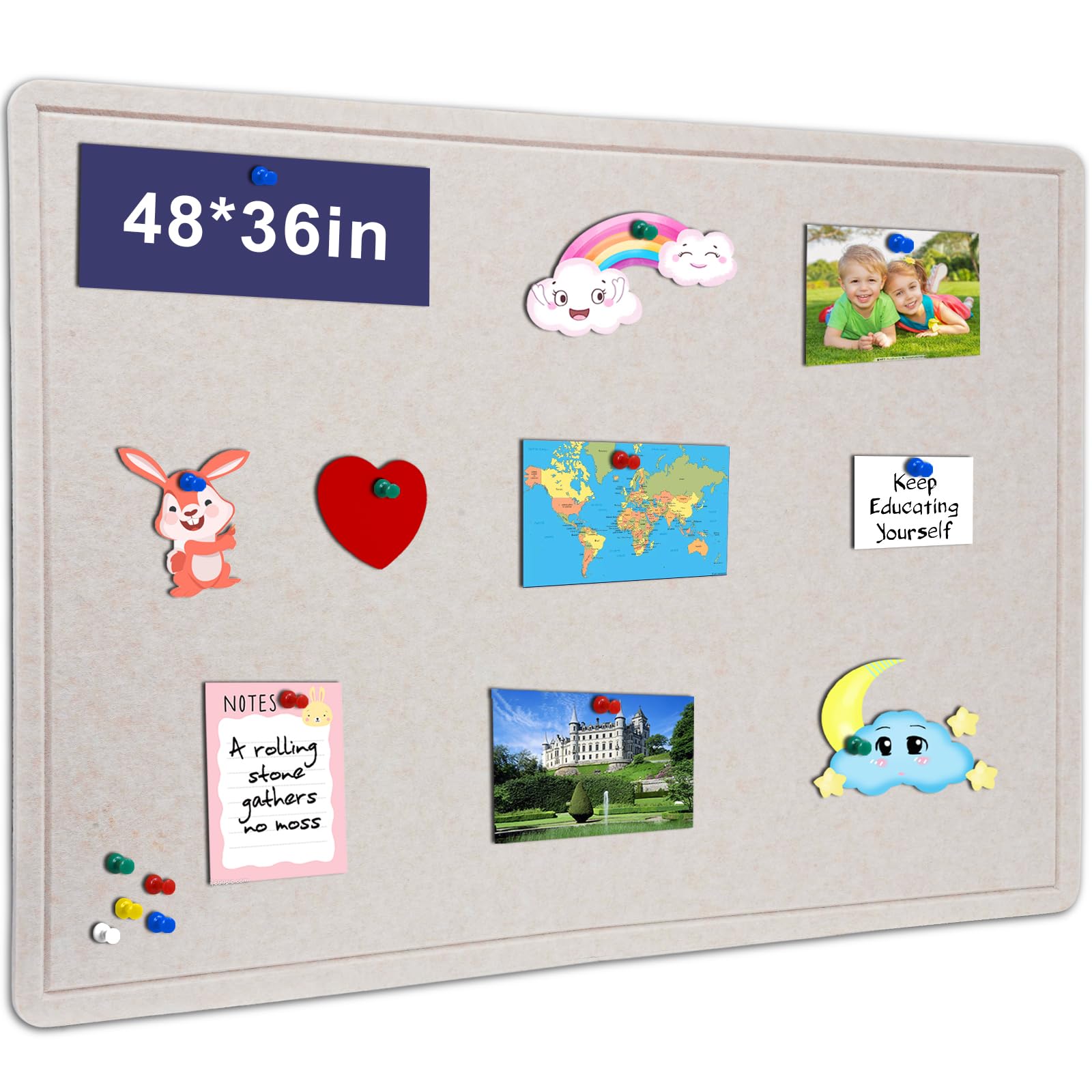 Large Bulletin Board, 48 X 36 inches Felt Board Notice Pin Board, 4' x 3'Cork Board Alternative for Wall, Self-Adhesive Vision Board Mood Board