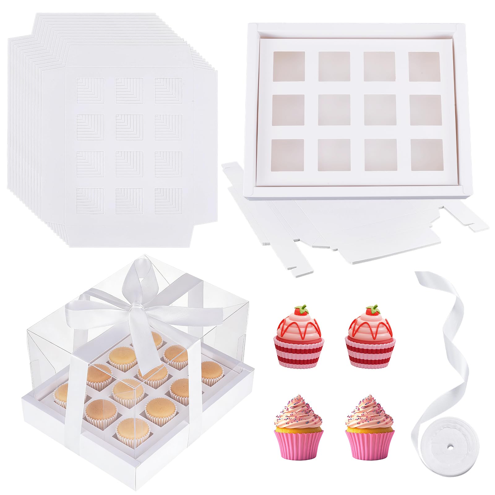 12 boîte à Cupcakes en Plastique Transparent Contenants Carrés pour Cupcakes de 3 oz (12 unités) Boîtes de Transport pour Tasses de 15cm de Hauteur avec Couvercle Amovible Saint Valentin