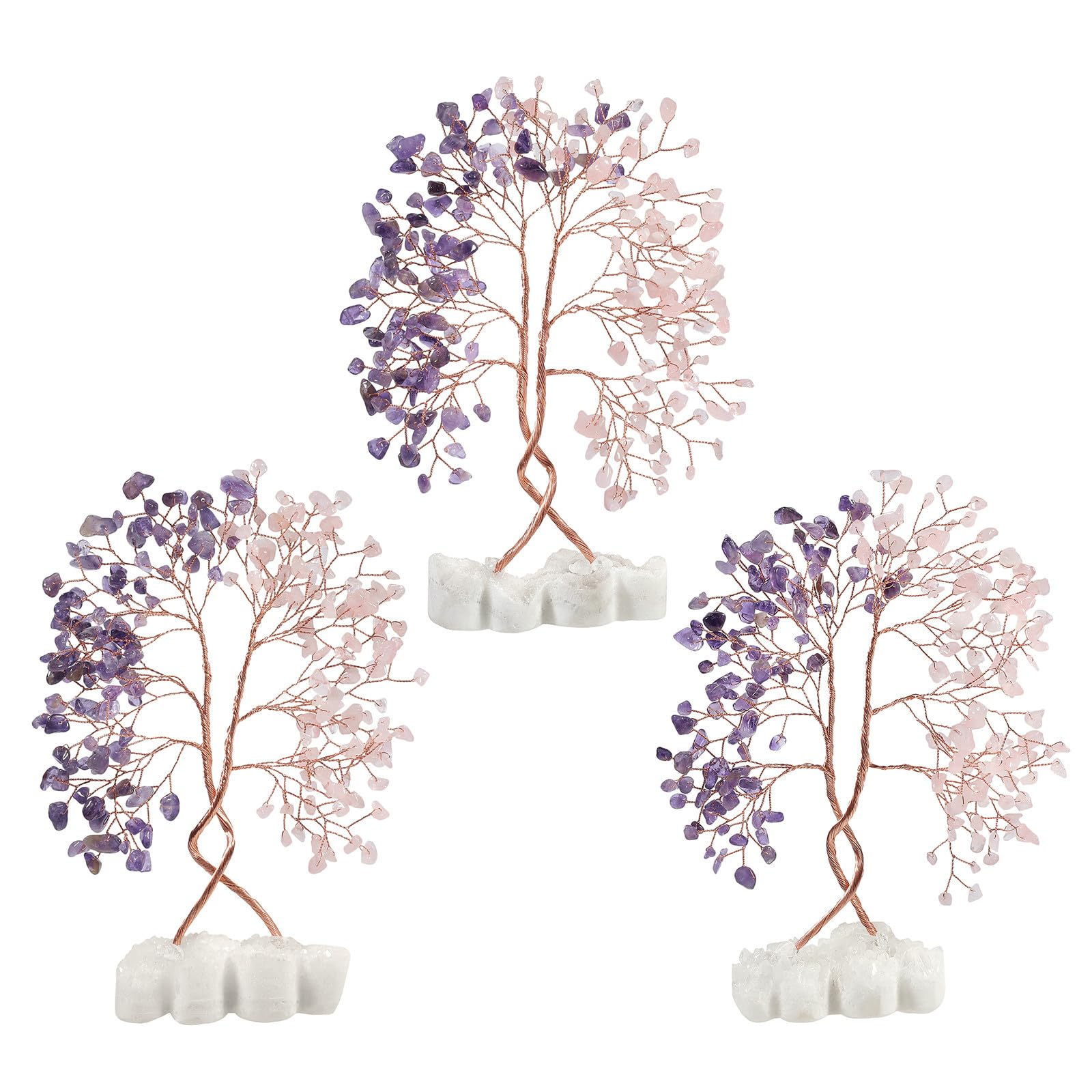 Mookaitedecor Natural Rose Quartz & Amethyst Crystal Tree of Life Ornament with Double Heart Clear Quartz Crystal Cluster Base Stone Bonsai Money Tree Home Wedding Decoration Mother's Day Gift - Image 4