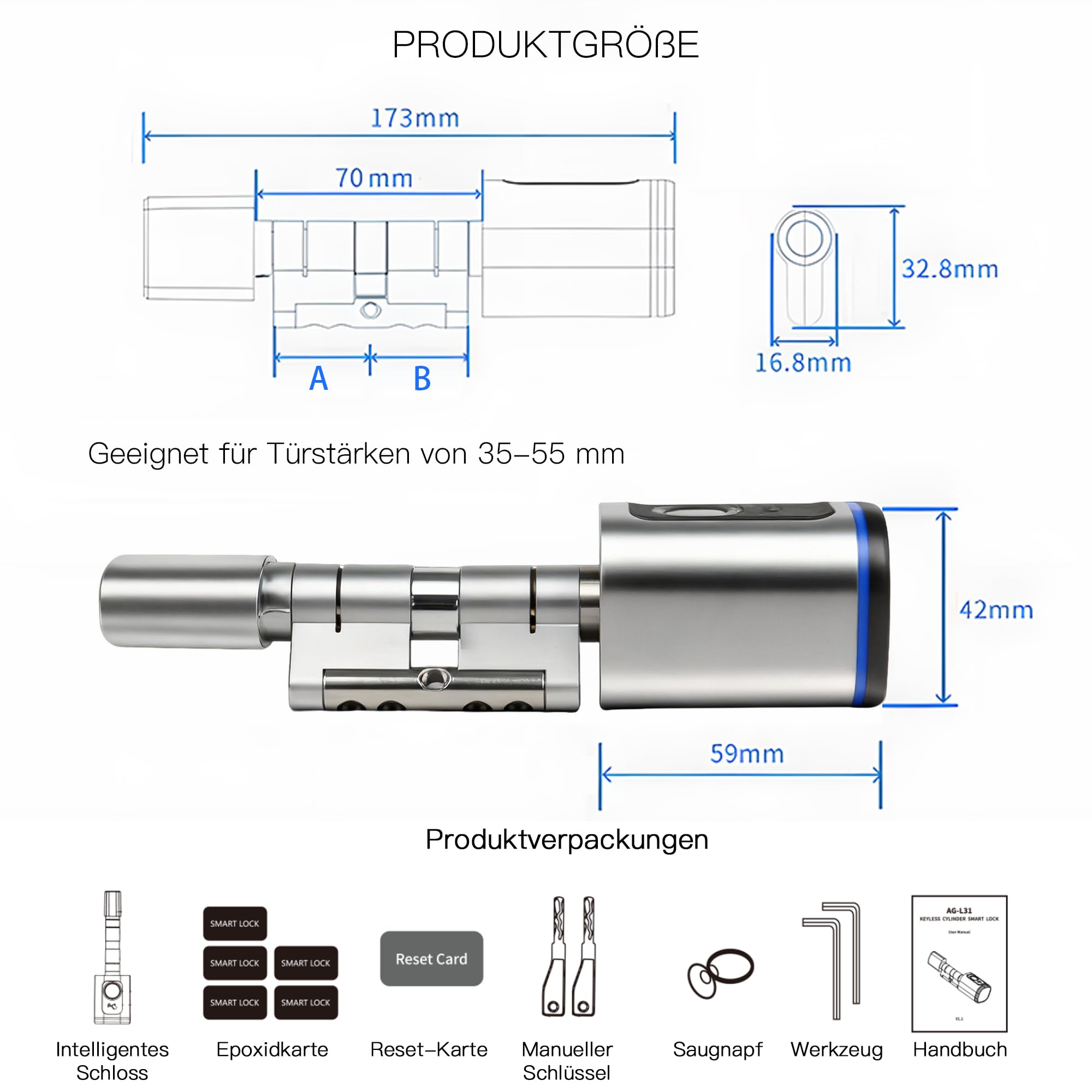 Türschloss Fingerabdruck, Smart Türschloss mit Fingerabdruck, Fingerabdruck-IC-Karte, Schlüssel, App, Haushalt, intelligente elektronische Schlösser, für 35-60mm Tür, Einfache Installation