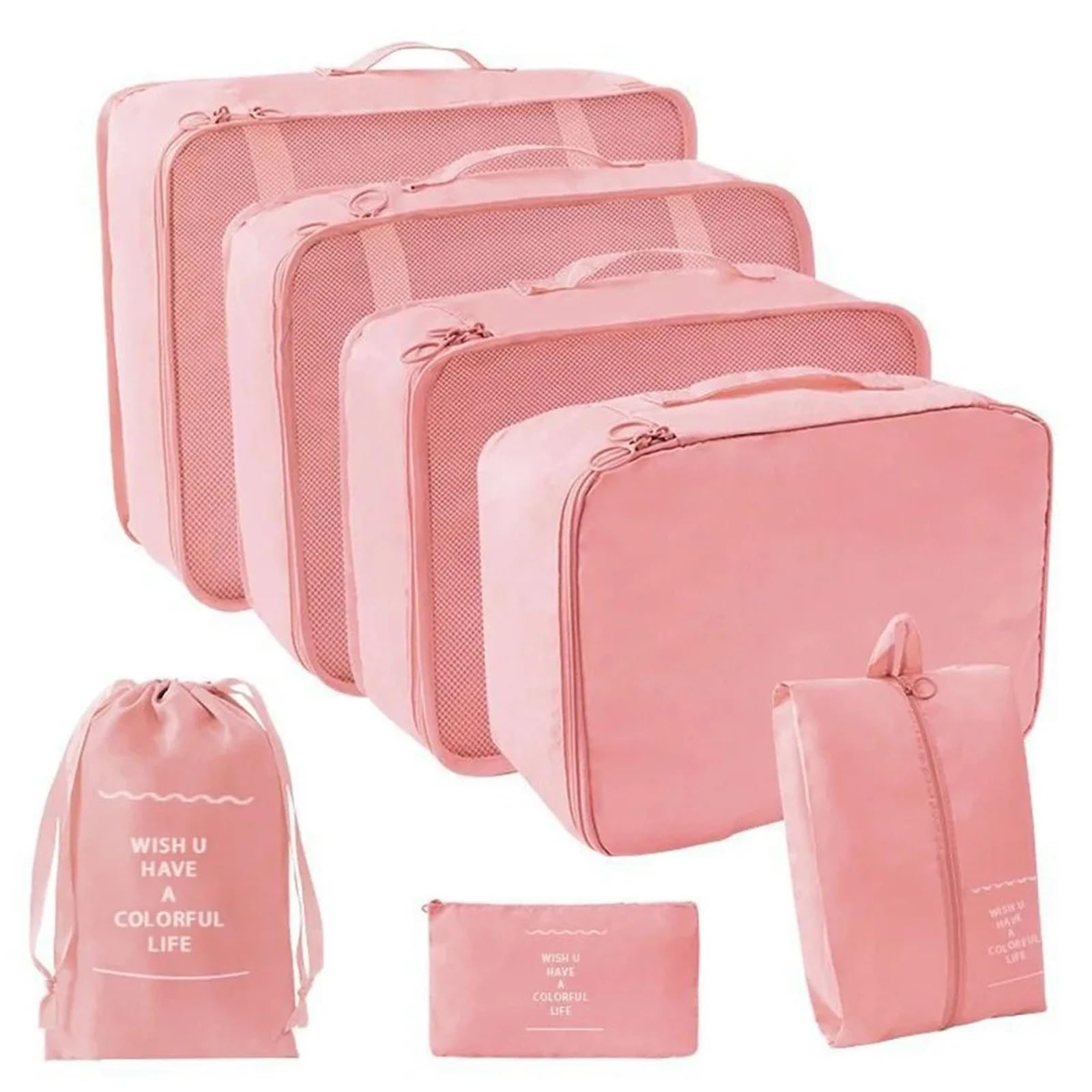 Travel pouch 7Pcs Travel Organizer Set Folding Storage Bags Wardrobe Cube Suitcase Packing Luggage for Clothes & Shoes(Pink)