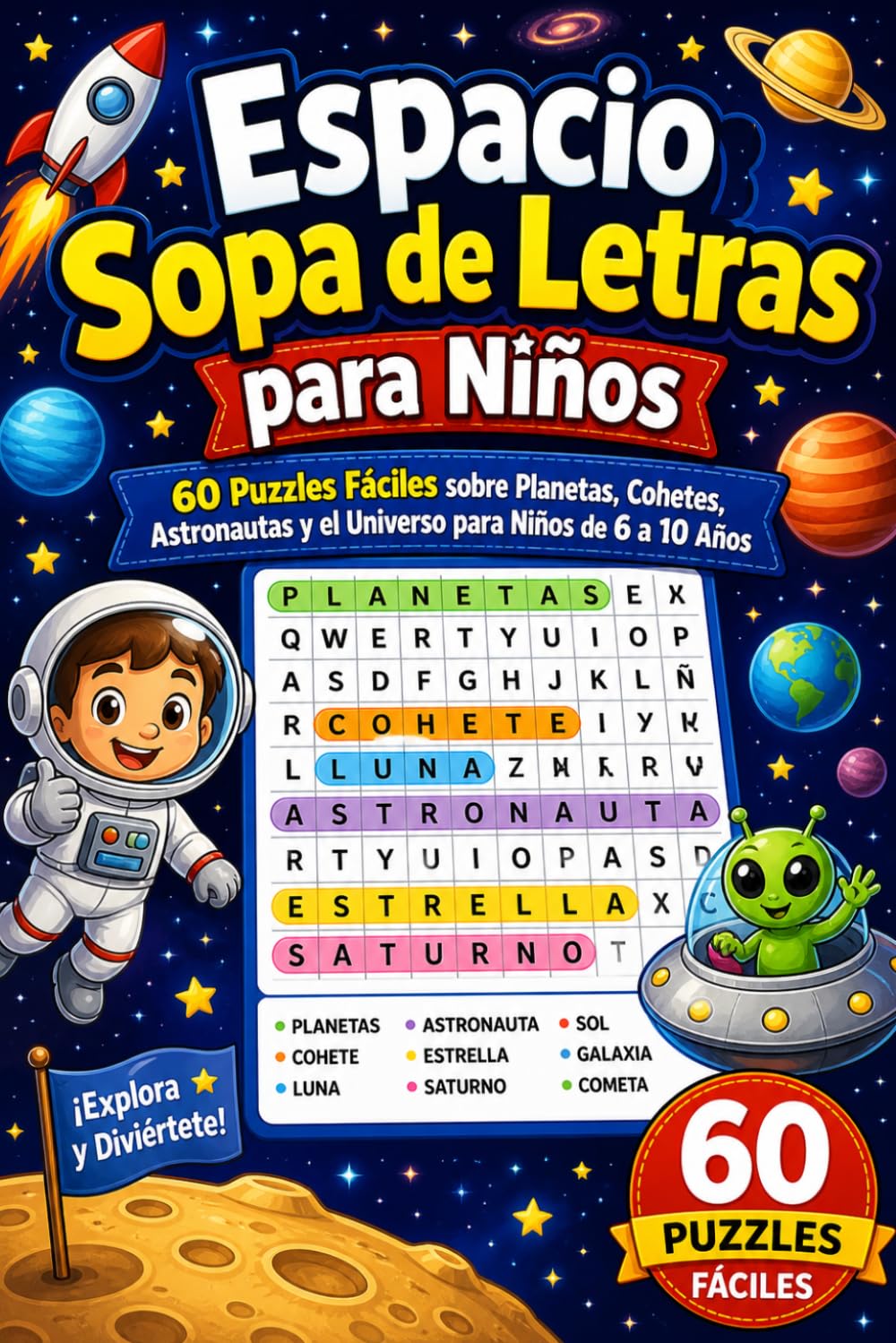Espacio: Sopa de Letras para Niños: 60 Puzzles Fáciles sobre Planetas, Cohetes, Astronautas y el Universo para Niños de 6 a 10 Años