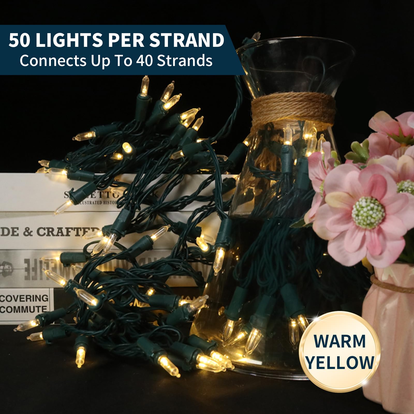 Guirnalda de luces para interiores, 50 mini LED de color blanco cálido, 5,7 m, alambre verde, luces de hadas de Navidad para dormitorio, fiesta, boda (50 unidades)