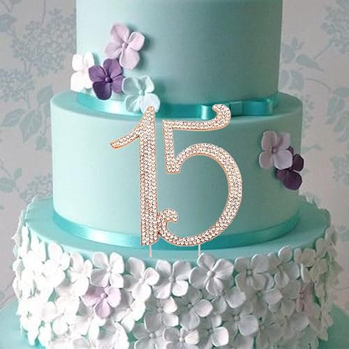 Miniatura 4 de Decoración para pastel de cumpleaños de 15 años de oro rosa, gemas brillantes de diamantes de imitación de cristal de primera calidad, monograma