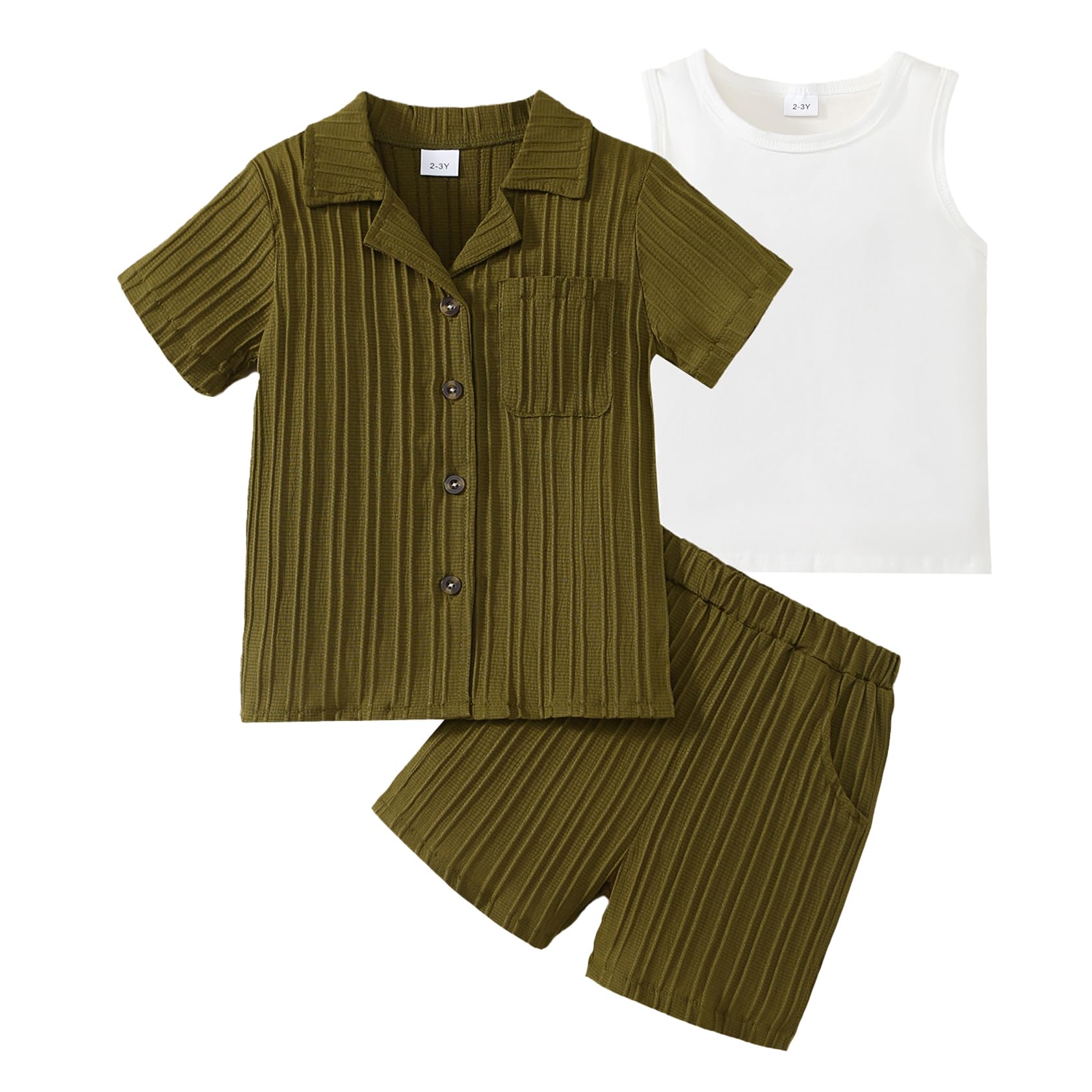 Kid Toddler Boy Clothes Short Sleeve Button-Down Shirt+Shorts+White Vest Summer Clothing Set 2-12 Years