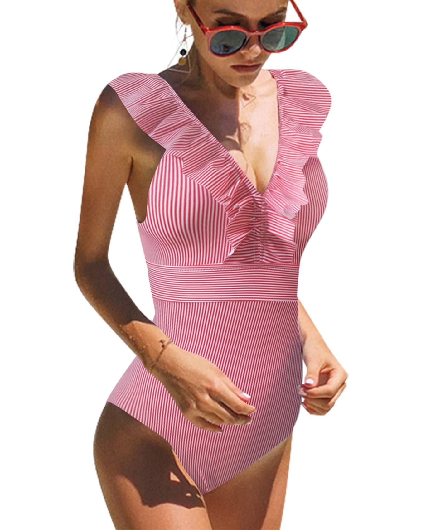 heekpek Conjuntos de Bikinis Traje De Baño Rayas de Una Pieza Bañador para Mujer Push Up Bikini Volante Fruncido V para Saco Tanga De Cintura Baja Adecuado Viajes Playa Swimsuit