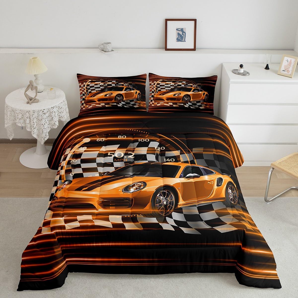 Feelyou Race Car Reversible Comforter Set for Girls Speed Sports Car Comforter Queen Size Racing Car Bedding Set Bedroom Decor Ombre Orange Black Duvet Set Quilt Set 3Pcs Multi 13 Queen