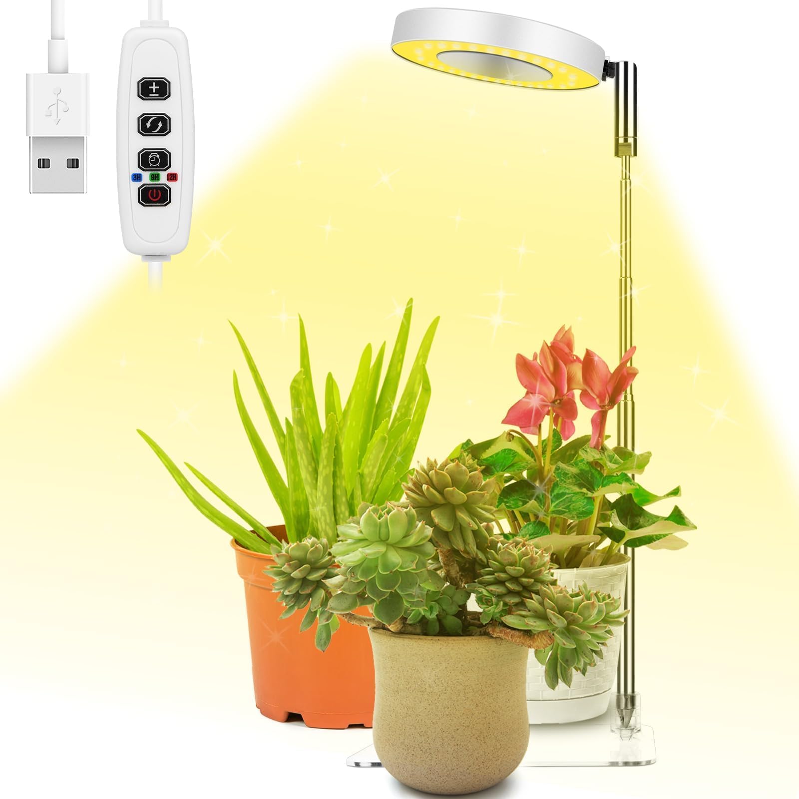育成ライト 植物 led 高さ調節可能 設置簡単 3段タイマー（3/9/12時間）10段階調光 3種類の光モード（電球色、昼白色、白色）ランプヘッド角度調整180 LED USB給電 太陽光模擬 低消耗 省エネ 自立式スタンドタイプ 室内用 水耕栽培 多肉 野菜 植物工場など適合する 蔬菜大棚水培灯 (温白色光)
