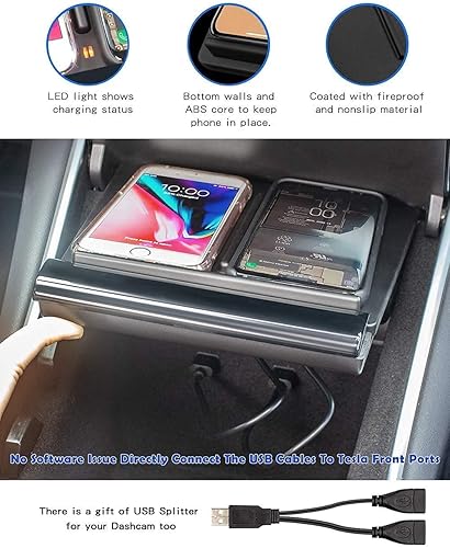 Miniatura 4 de TAPTES Cargador Inalámbrico para Tesla Model 3 2017 2018 2019 2020, Almohadilla de Carga Dual para Teléfonos para Accesorios de Tesla Model 3,