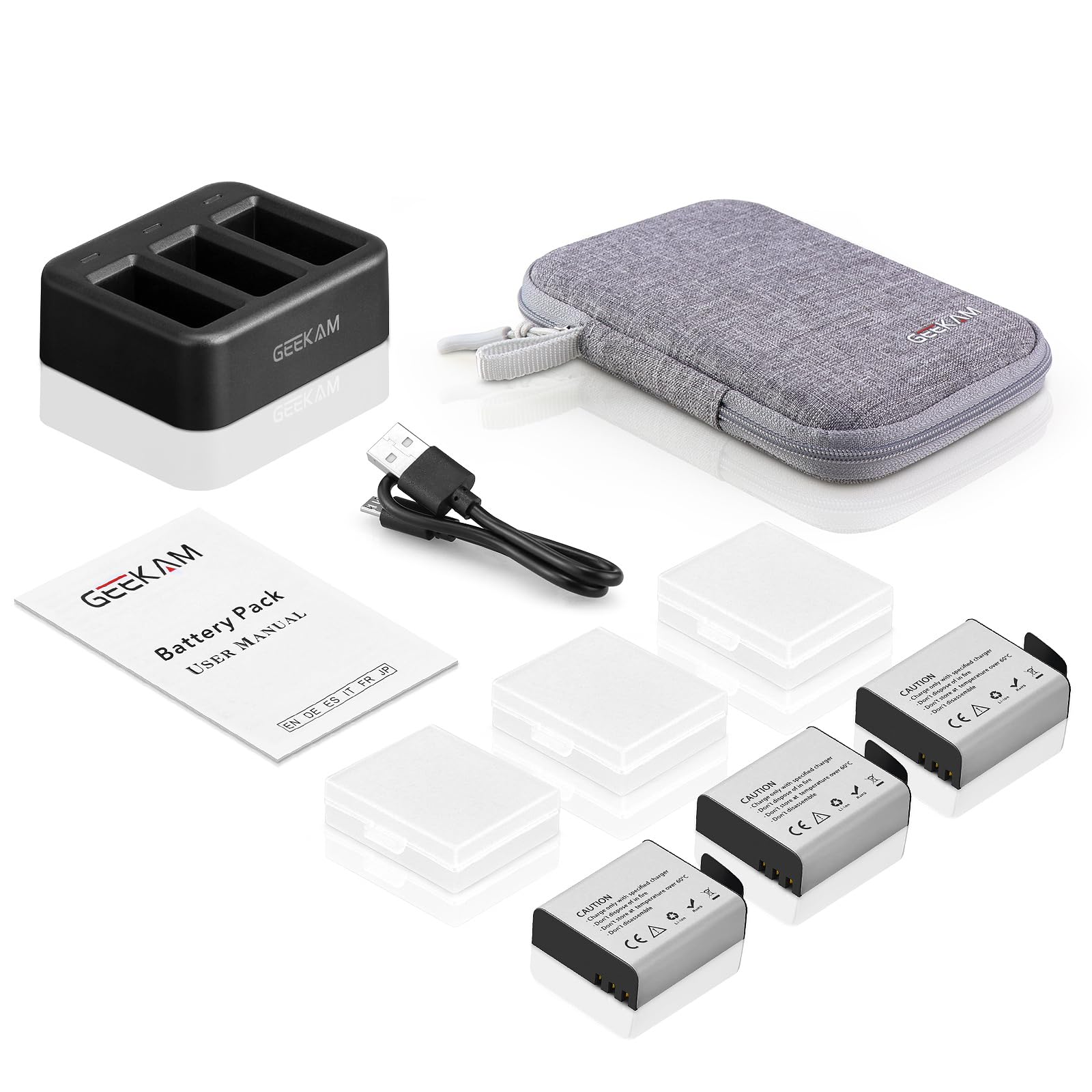 Bateria Camara Deportiva, 3 x 1350mAh Batería Recargable con 3 Canales Cargador Compatible con AKASO brave4/v50x/brave6/EK7000, Apexcam, COOAU, Dragon Touch, Exprotrek, EKEN, PG1050, S009R