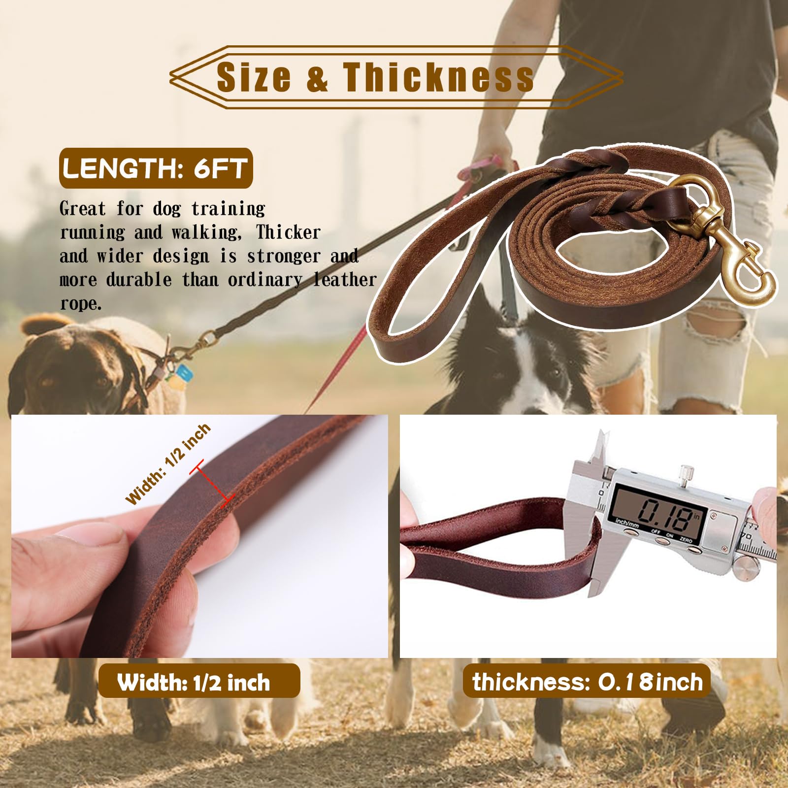 Correa de cuero para perro de 6 pies x 1/2 pulgadas, correa de entrenamiento de perro trenzada de cuero genuino fuerte y resistente, correa de cuero suave y cómoda para perros grandes,
