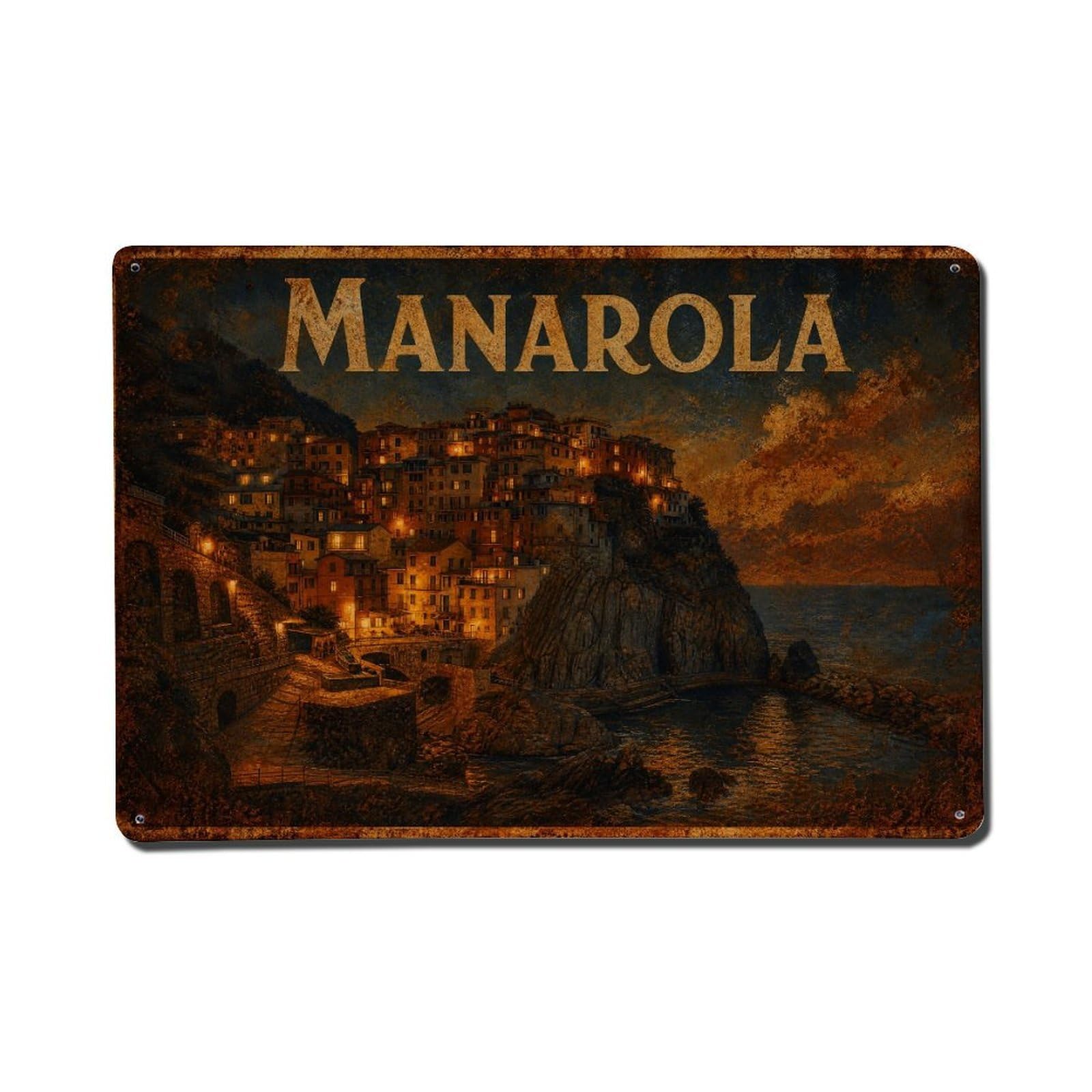 Vintage Travel Manarola Village Lights Evening Glow Italy Metal Tin Sign