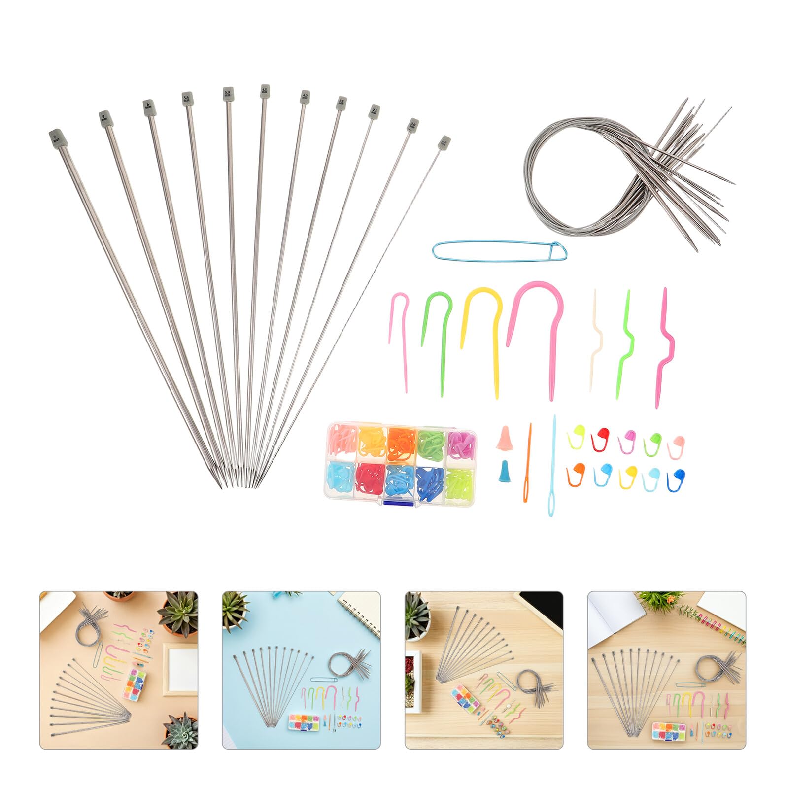 WOONEKY Agujas de Tejer y Ganchillo Metálicas Duraderas con Marcadores Ergonómicos para Crear Suéteres y Alfombras Kit de Herramientas para Principiantes y Aficionados al Bricolaje