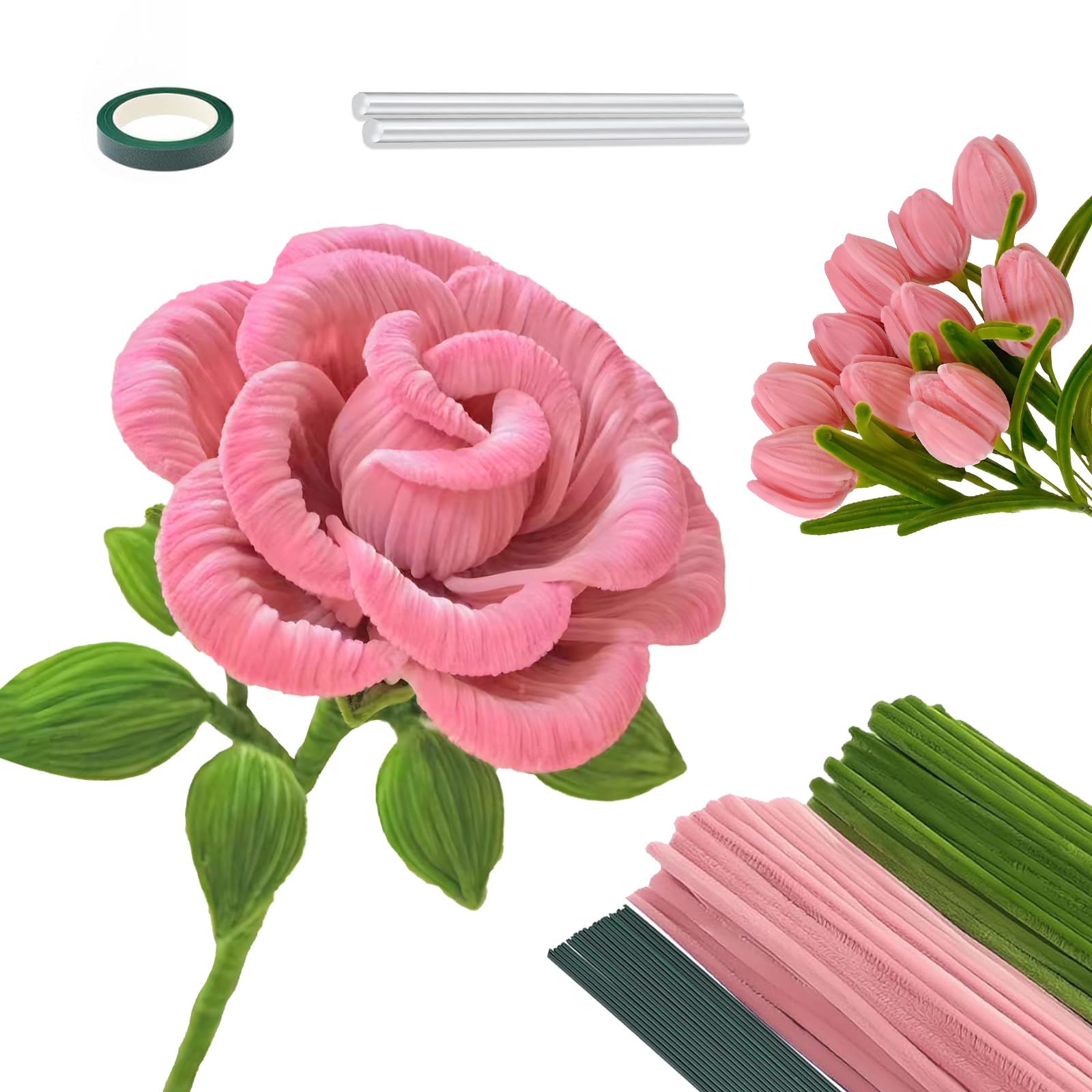 Pfeifenreiniger Blumen Set für Riesenrosen, 400 Stück Pfeifenputzer zum Basteln, Komplettes Set mit Chenilledraht, Blumenstäben, Klebeband & Heißkleber für Blumendeko & DIY Geschenk