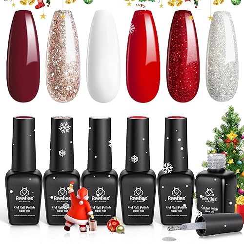 Juego de esmalte de uñas de Beetles - Kit de 6 colores de esmalte de uñas en gel blanco y rojo, juego de esmalte en gel de uñas, lampara de uñas LED
