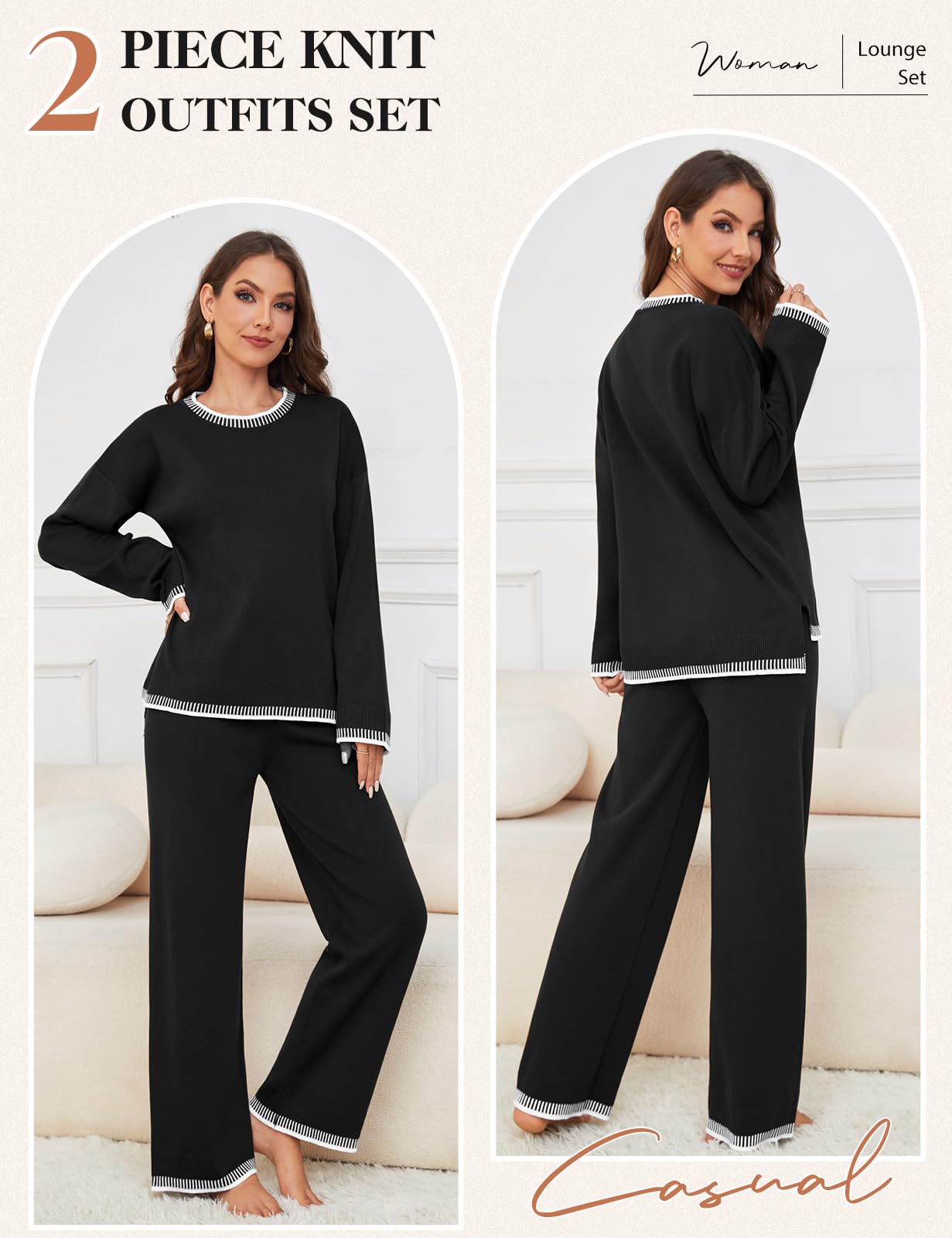 Xnova Completi Tuta in Maglia Donna 2 Pezzi Set, Loungewear Pantaloni a Gamba Larga e Maglia A Maniche Lunghe, Tute Maglione e Pantalone Elastico In Vita per Autunnale e Invernale