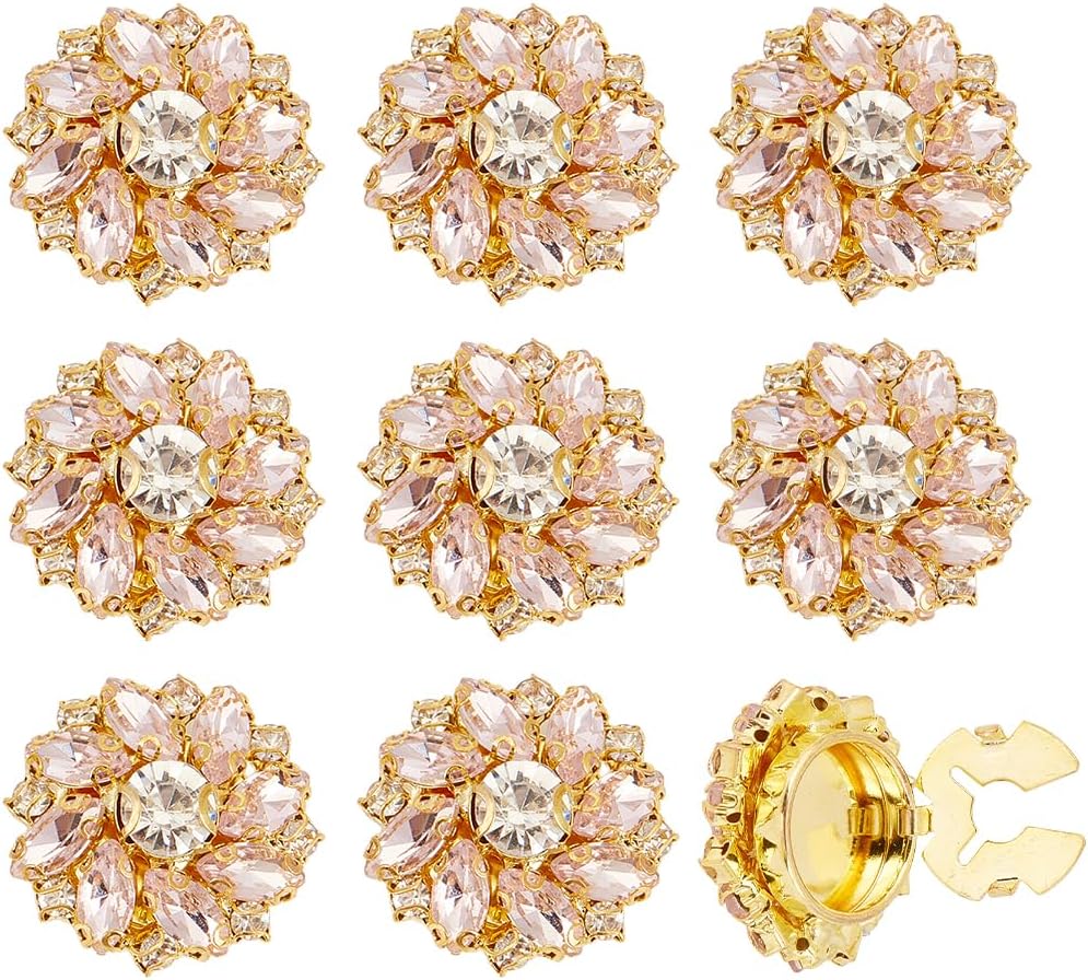 1 Box 8Pcs Pink Brass Floral Rhinestone Button Covers Cufflinks Set Sparkle Jewelry Flower Snap On Glass Crystal Buttons Cover Kit Clip for Sewing Making Clothing Accessories DIY Supply