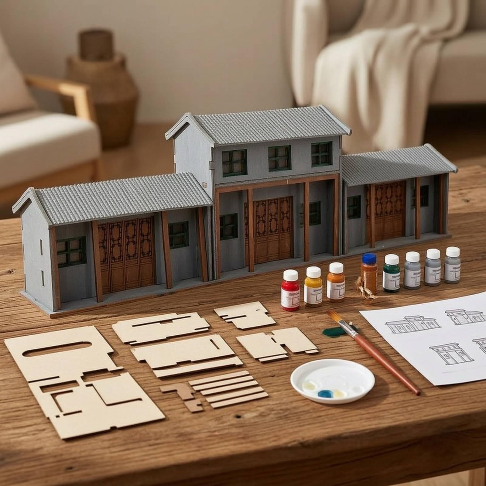 MagiDeal Miniatura Siheyuan Casa Patio Tradicional Maqueta de Edificación Histórica Kit con Paredes Texturadas y Puertas Detalladas Más Bandeja de Color y